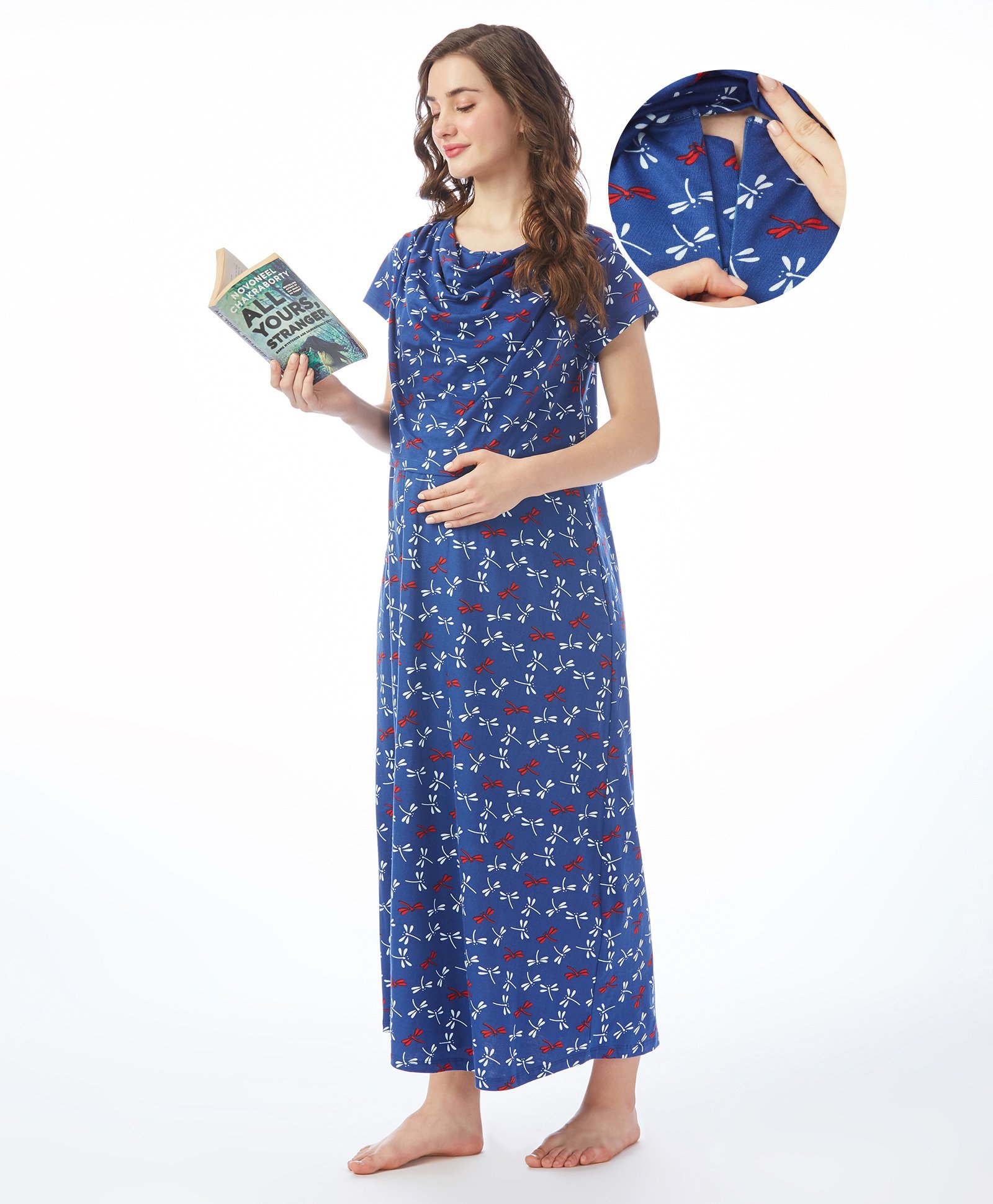 Bella Mama Cotton Knit Half Sleeves Nursing Nighty Flies Print - Blue-picture-38