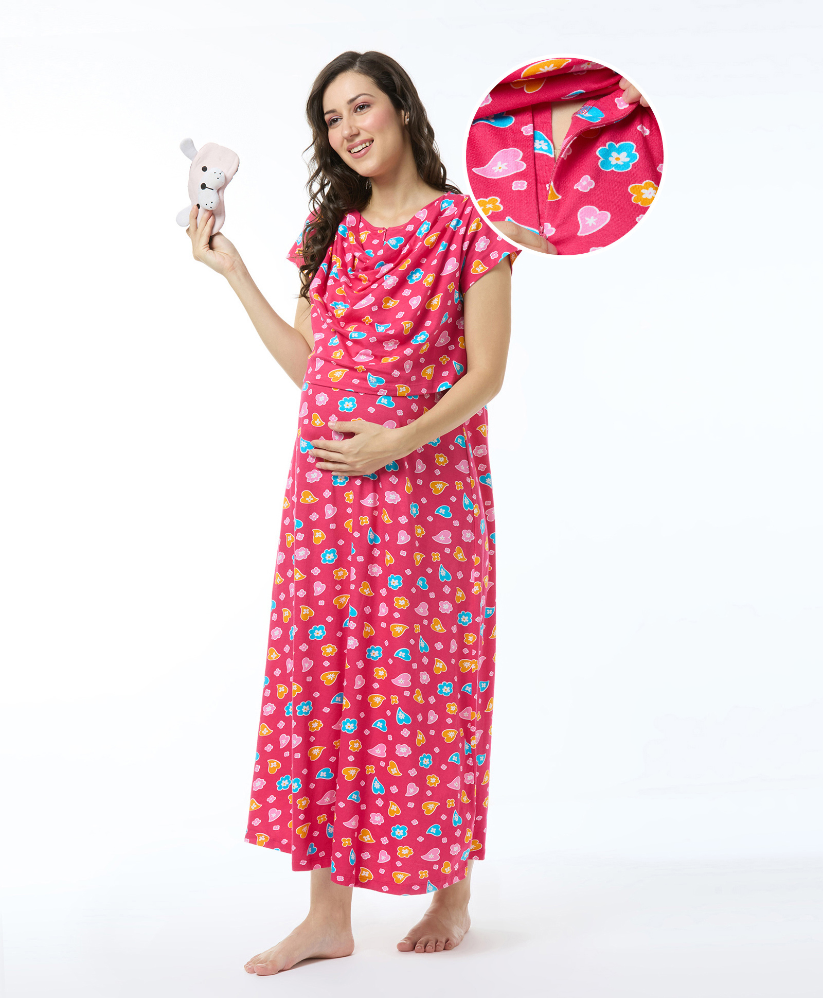 Bella Mama Cotton Knit Half Sleeves Nursing Nighty Floral Print - Pink-image-31