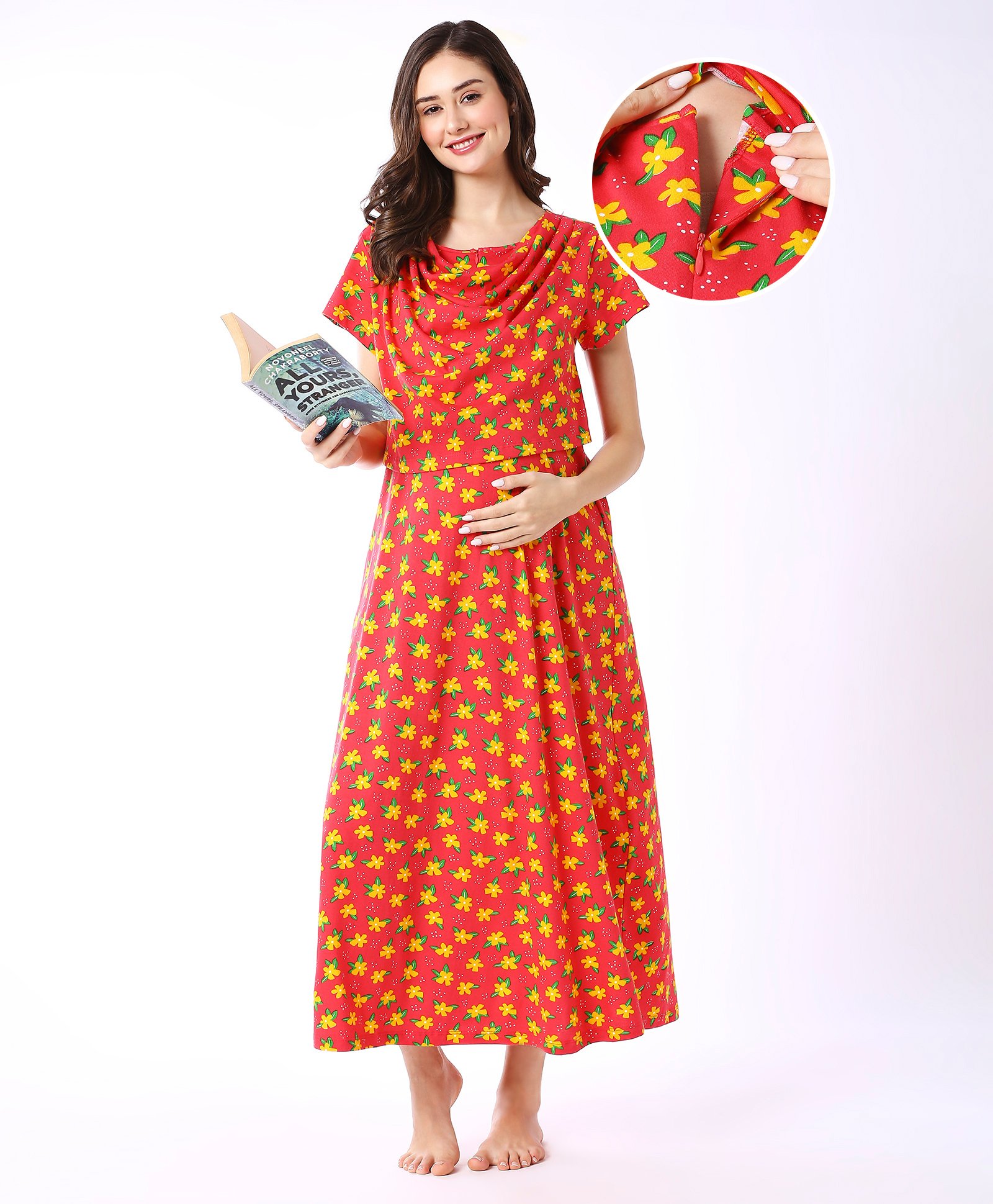Bella Mama Cotton Knit Half Sleeves Nursing Nighty Floral Print - Pink-image-29