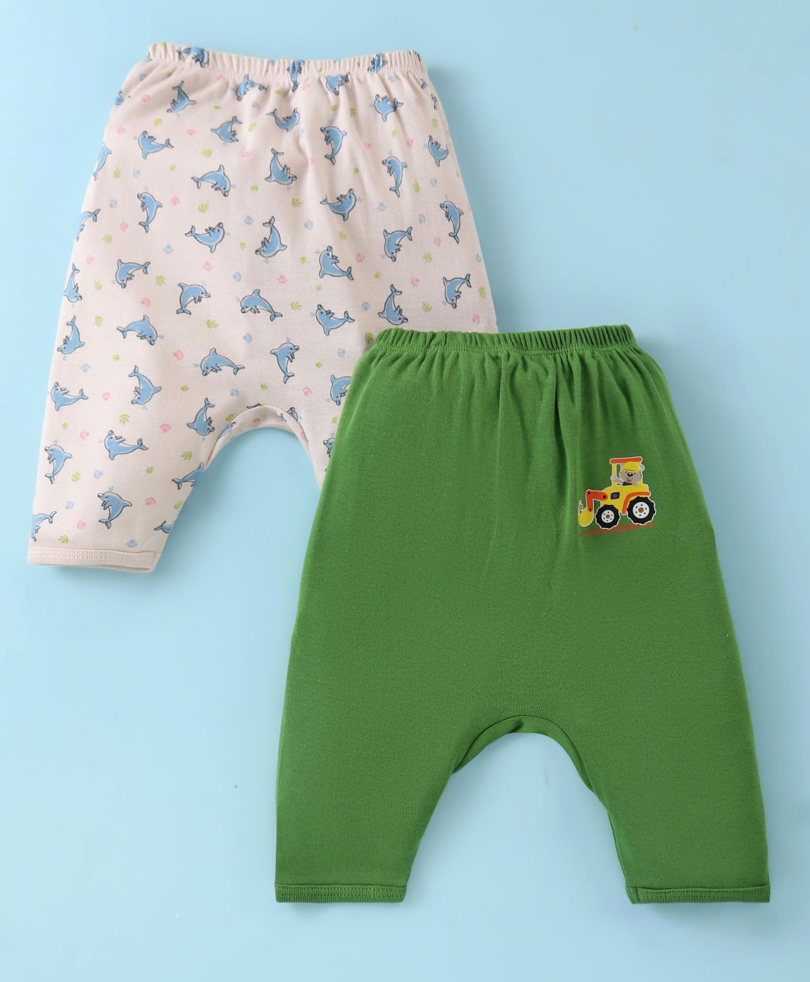 Ben Benny 100% Cotton Interlock Knit  Ultra Comfort Diaper Legging with Dolphin Print Pack of 2 - Cream & Green-image-46