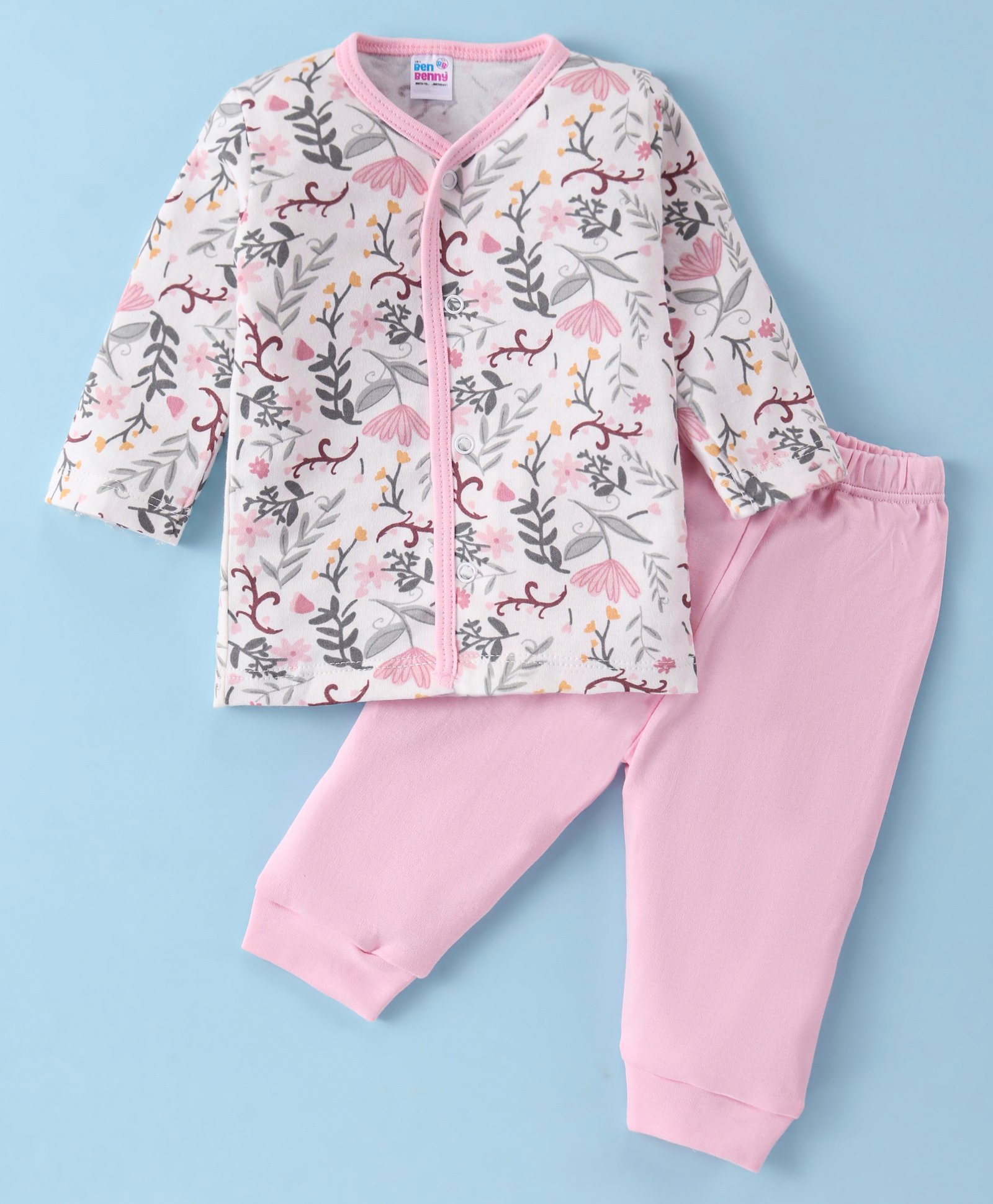 Ben Benny 100% Cotton Interlock Knit Full Sleeves Front Open Night Suit with Floral Print - LightPink-image-27