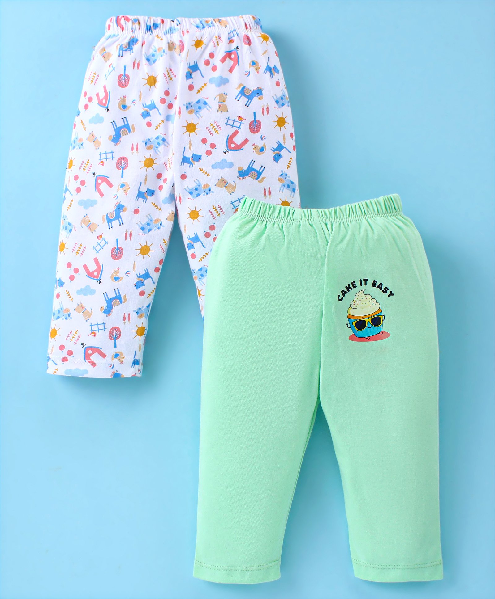 Ben Benny 100% Cotton Interlock Knit Full length Legging with Animal Print Pack of 2 - White & Sea Green-picture-20