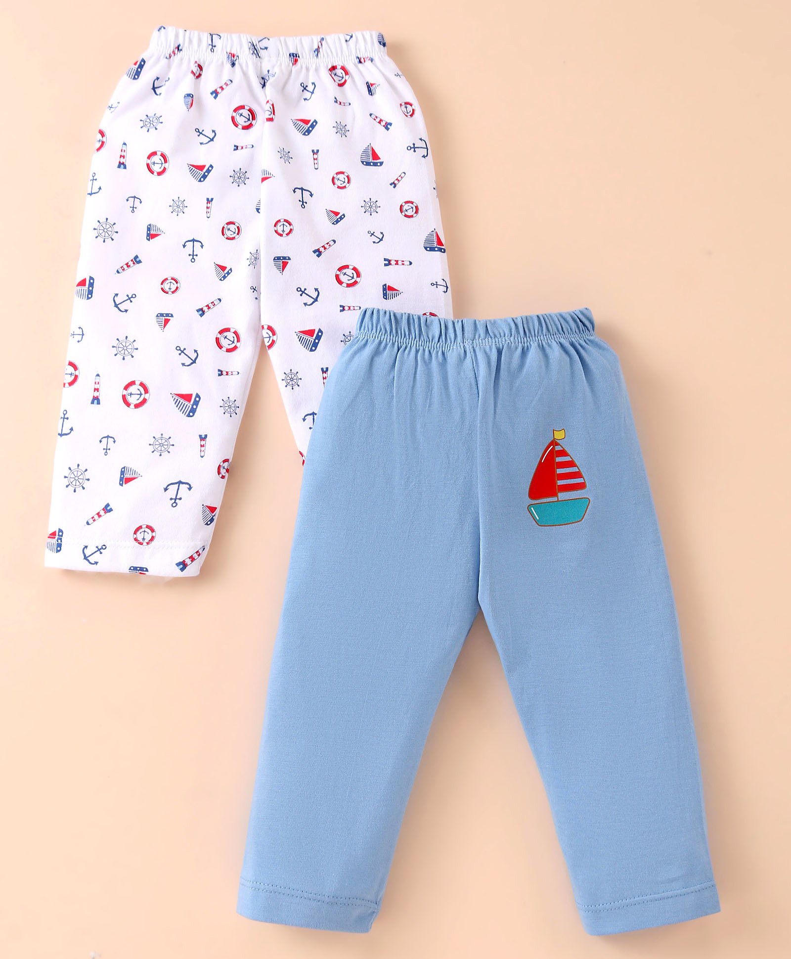 Ben Benny 100% Cotton Interlock Knit Full length Legging with Beach Theme Print Pack of 2 - White & Blue-picture-25