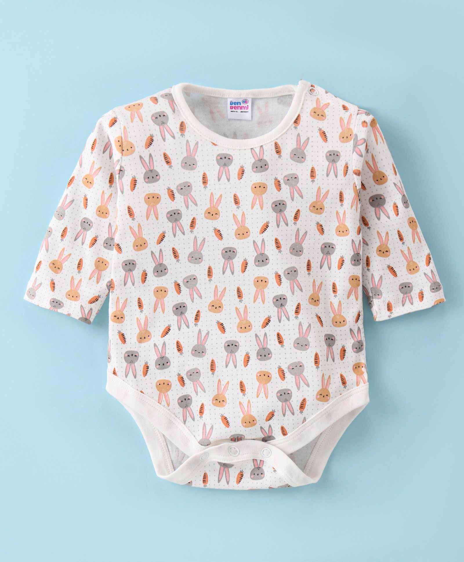 Ben Benny 100% Cotton Knit Full Sleeves Bunny Printed Onesie - White-image-24