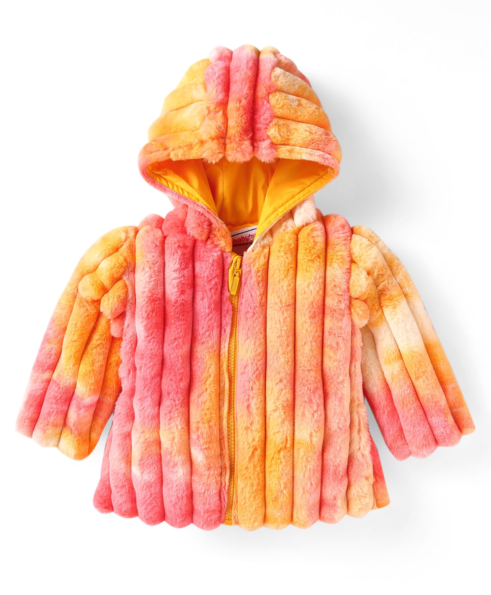 Babyhug Woven Full Sleeves Hooded Fur Jacket with Stripe Design - Yellow & Pink-picture-14
