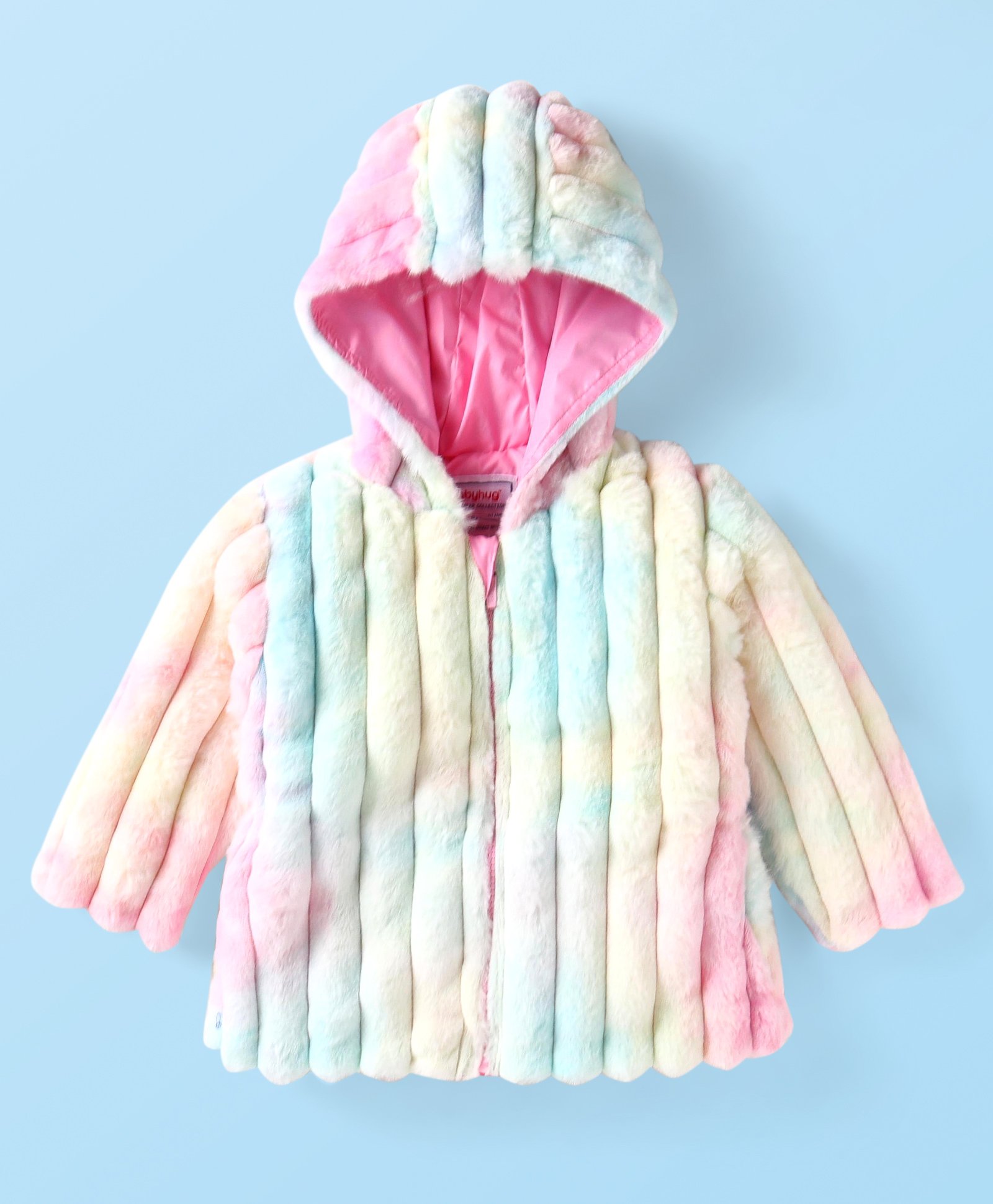 Babyhug Woven Full Sleeves Hooded Fur Jacket with Stripe Design - Pink & Green-picture-20