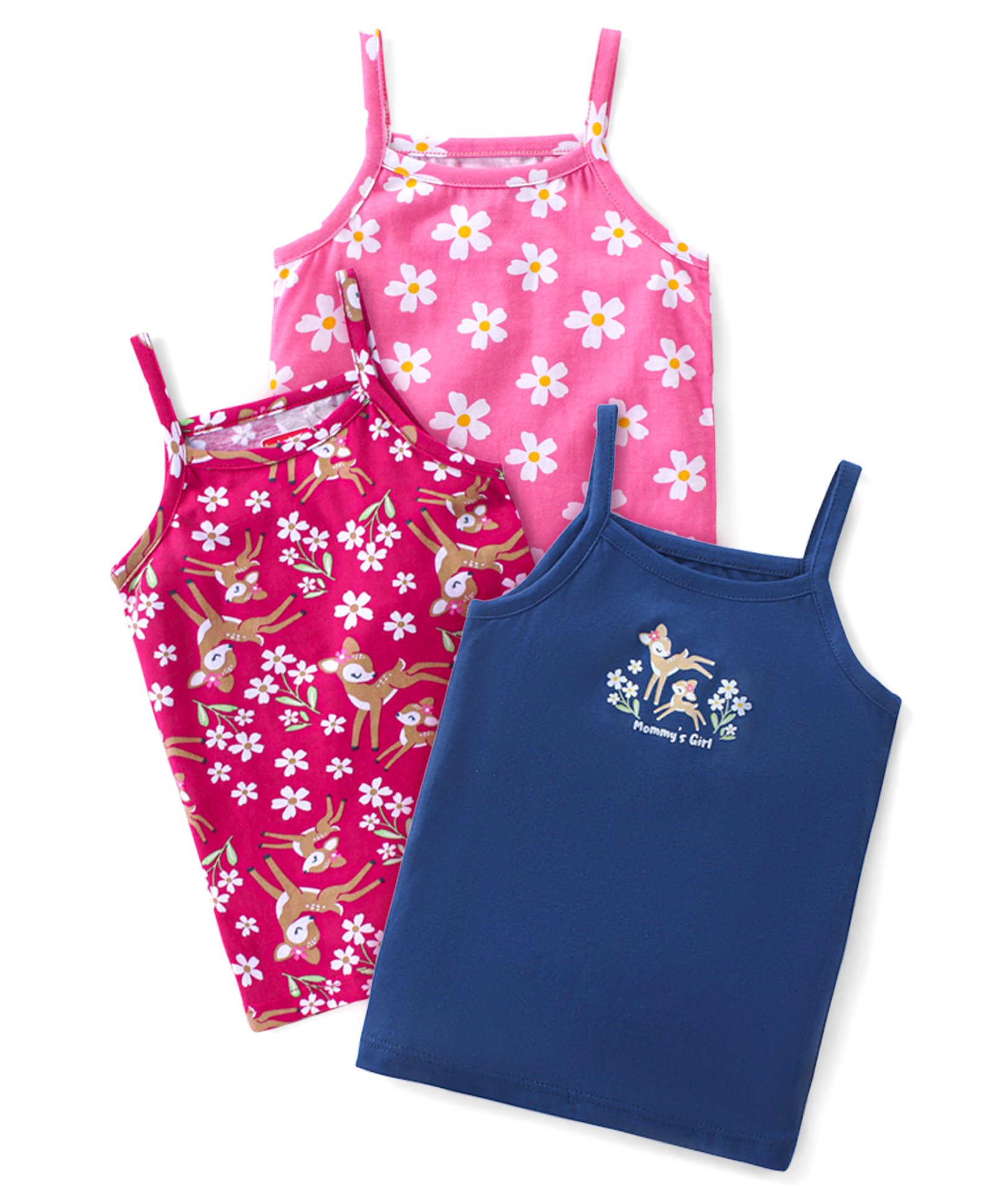 Babyhug 100% Cotton Knit Singlet Sleeves Slips With Deer & Floral Print Pack of 3 - Blue & Pink-image-30