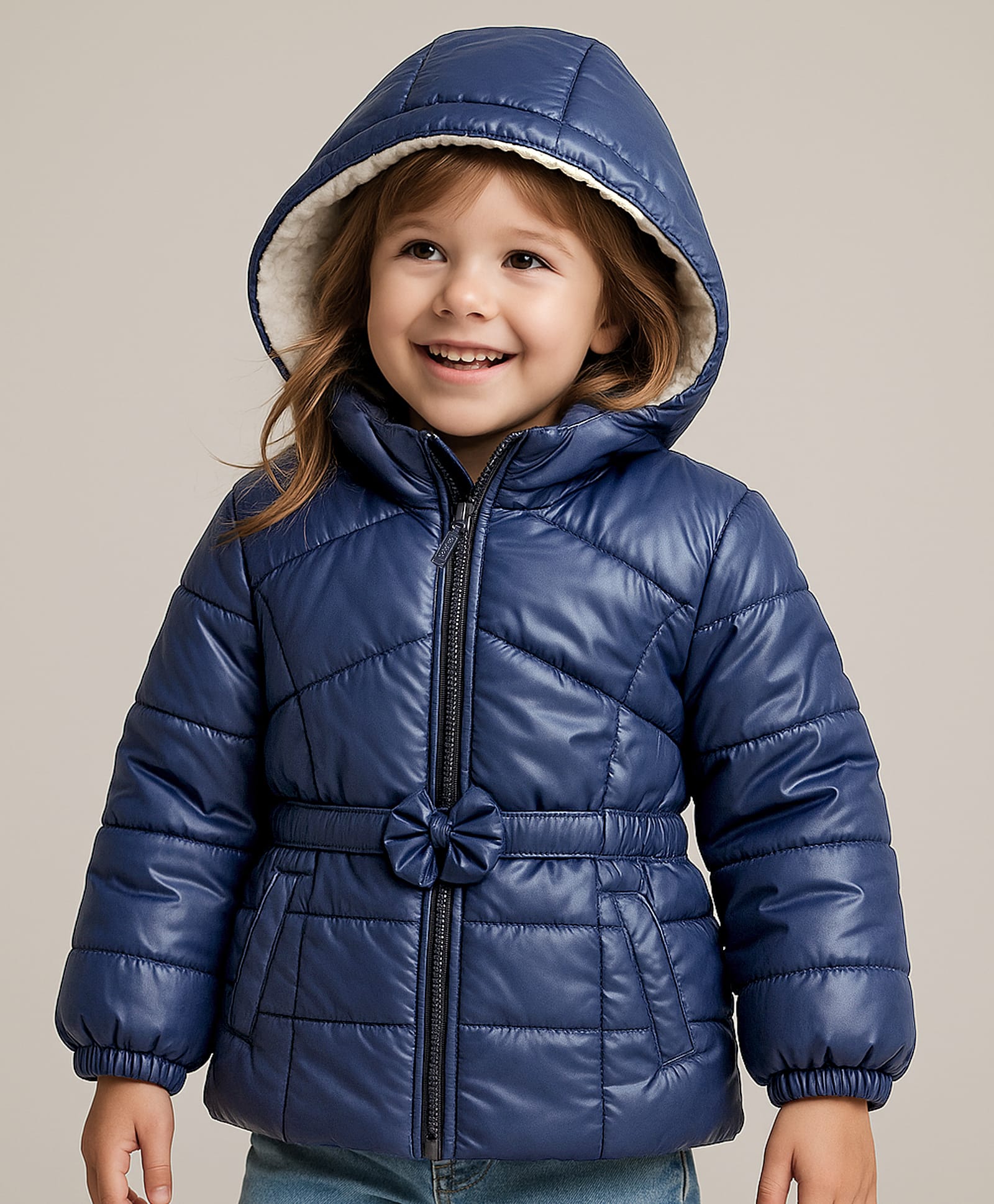 Babyhug Woven Full Sleeves Padded Hooded Jacket with Solid Colour & Floral Applique - Navy Blue-picture-27