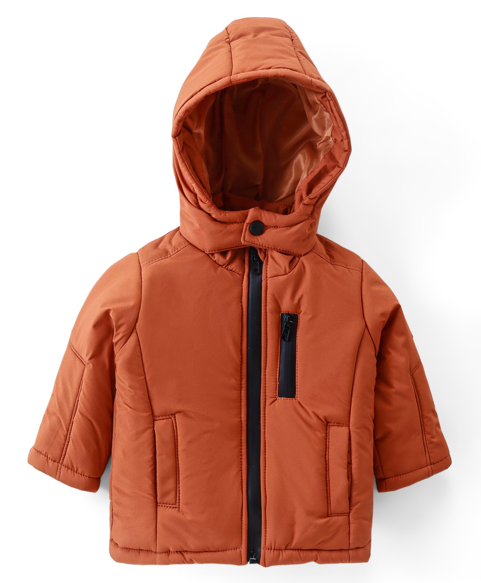 Babyhug Cotton Knit Full Sleeves Solid Colour Padded Hooded Winter Jacket with Pockets - Rust Orange-image-34