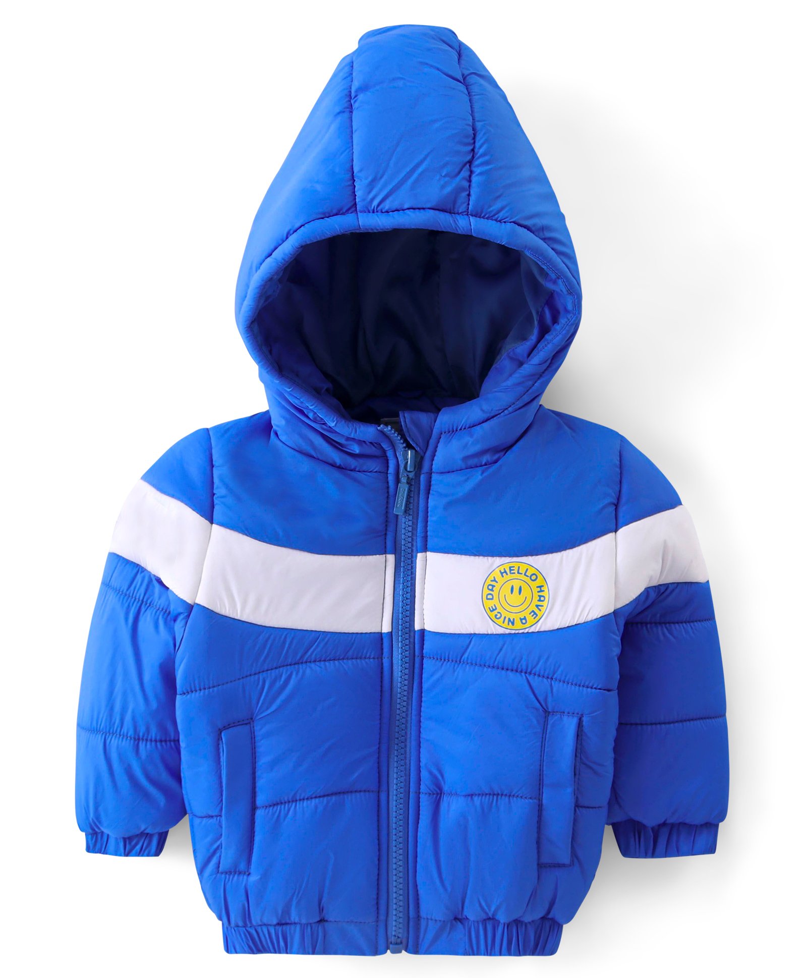 Babyhug Woven Full Sleeves Padded Hooded Jacket With Colour Block Design & Smiley Patch Detailing - Blue-image-40