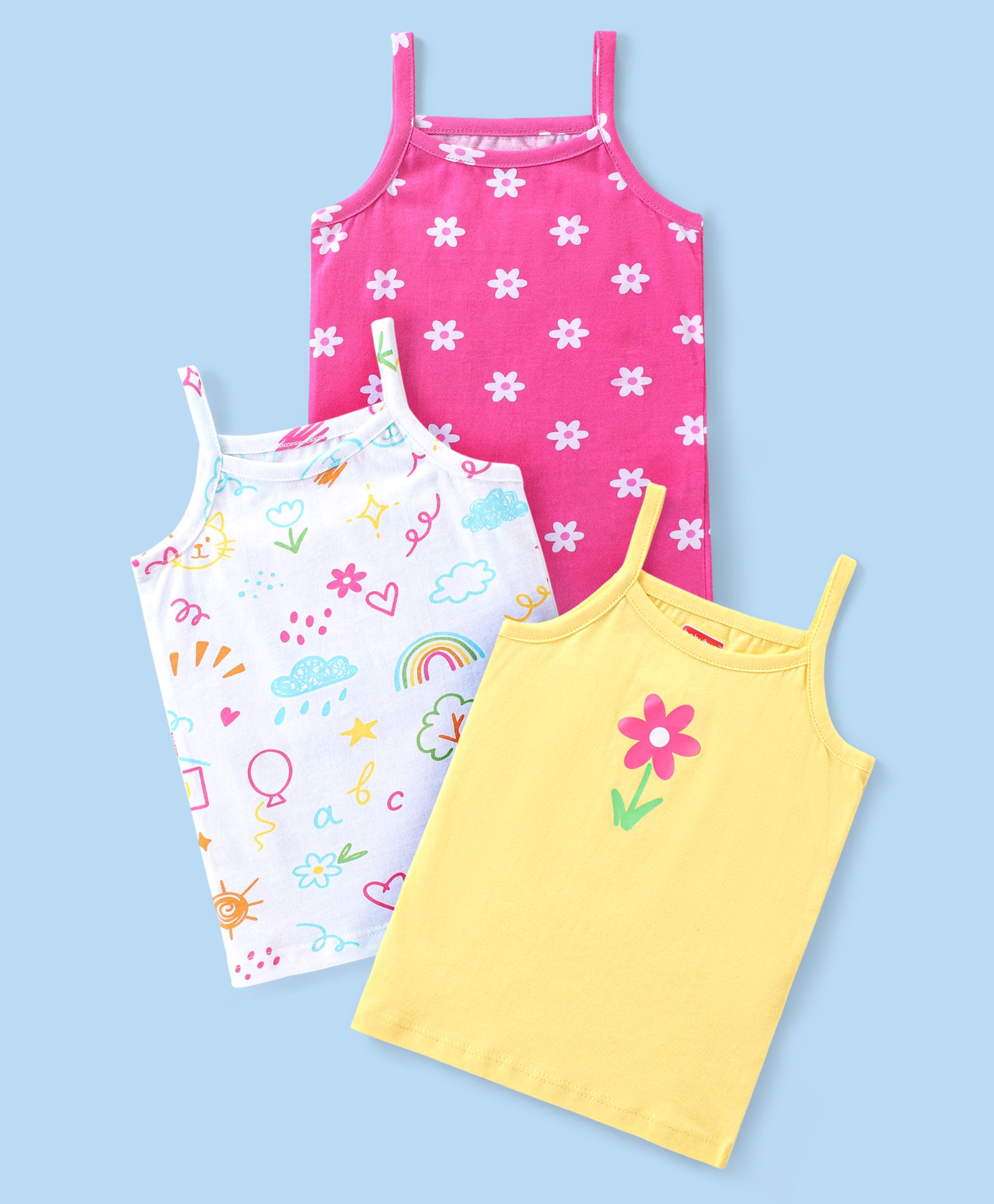 Babyhug 100% Cotton Knit Singlet Sleeves Slips With Floral Print Pack of 3 -Yellow Pink & White-picture-22