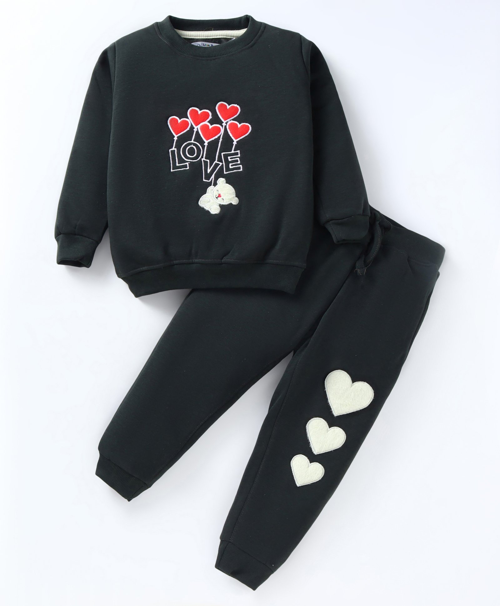Little Darlings Fleece Knit Full Sleeves Winter Wear Suit With Hearts & Text Embroidery - Black-image-37
