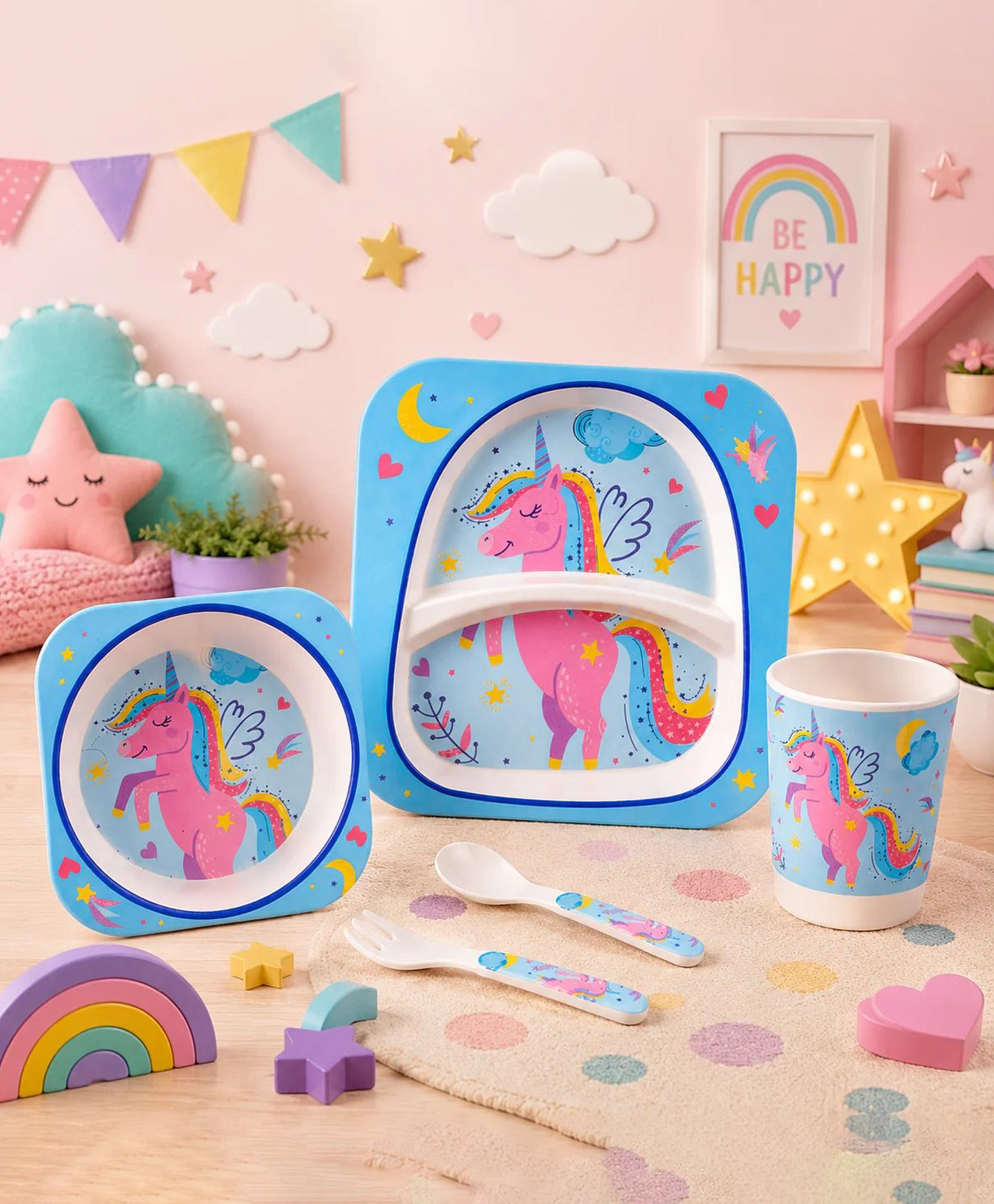 The Bamboo Co Bamboo Kids/Baby Feeding/Dinner Set of 5- Sky Unicorn-image-5