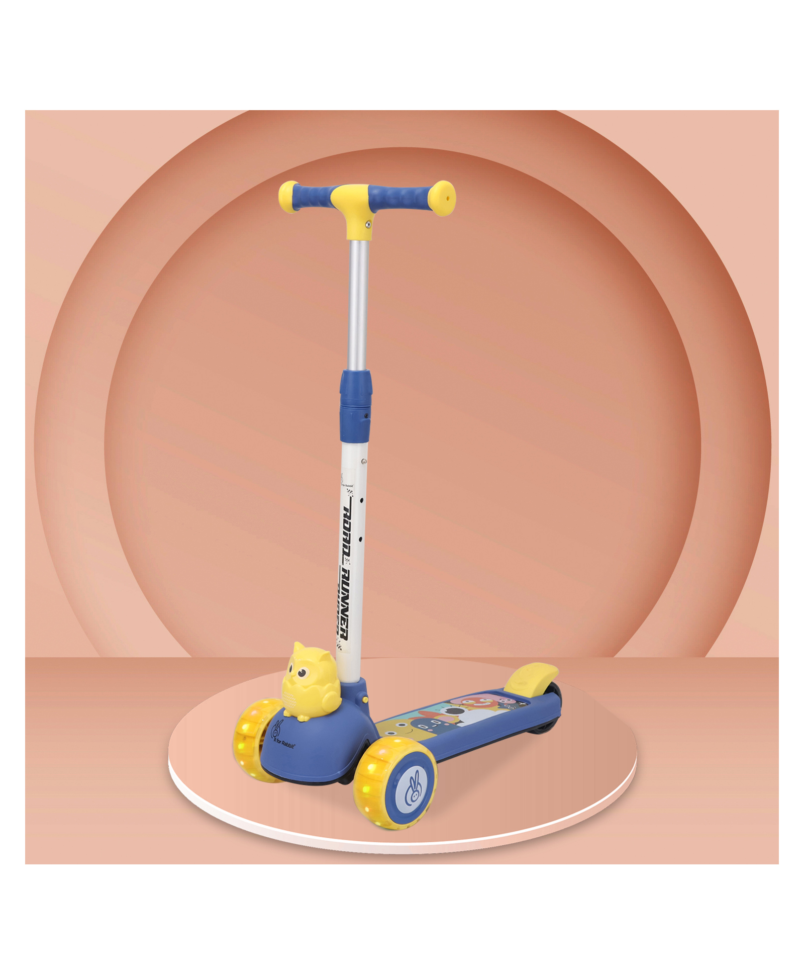 R for Rabbit Road Runner Bunny Kids Scooter 3 Level Adjustable Height Smart Fold & PU LED Wheels - Blue & Yellow
