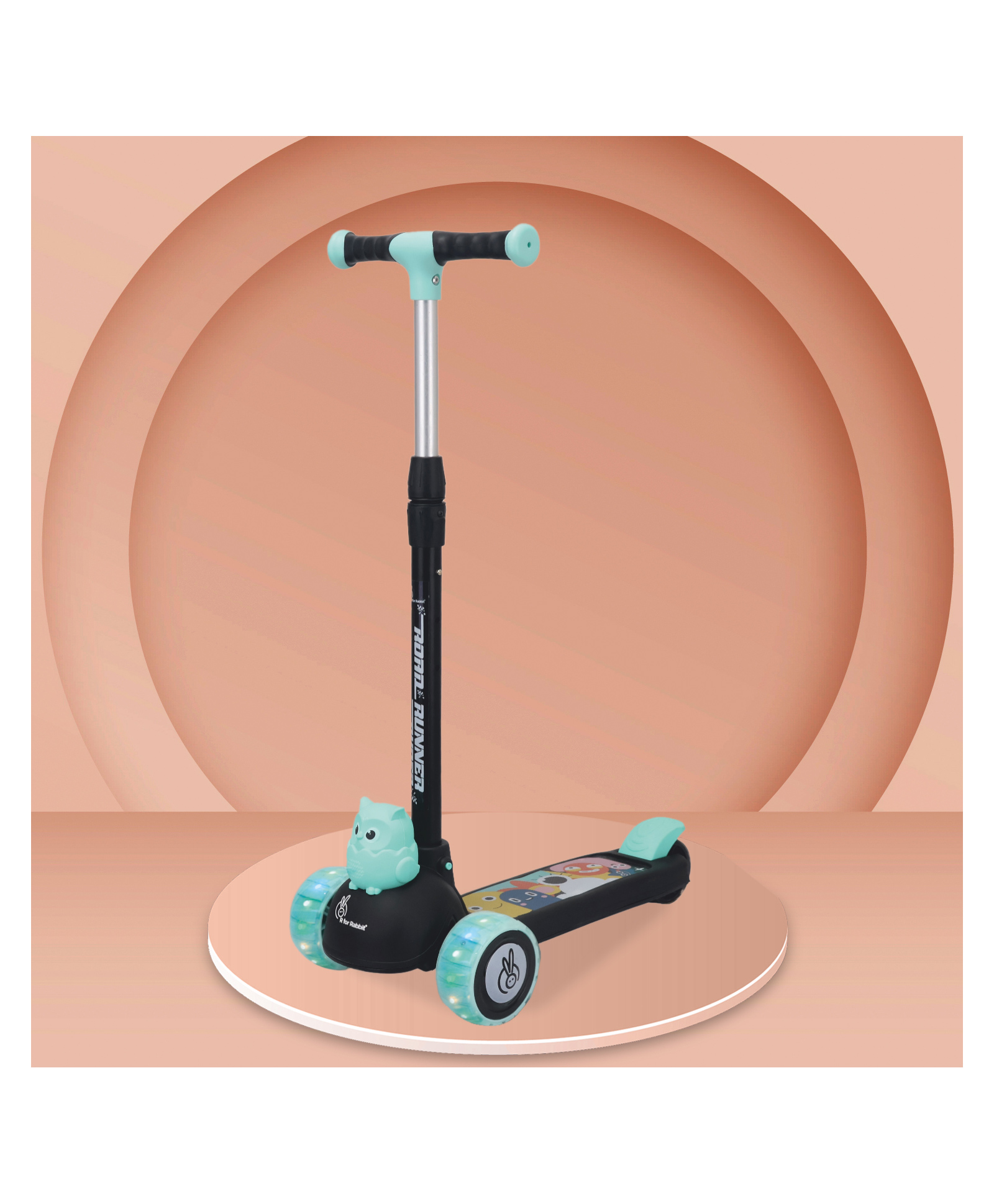 R for Rabbit Road Runner Bunny Kids Scooter 3 Level Adjustable Height Smart Fold & PU LED Wheels - Black & Blue