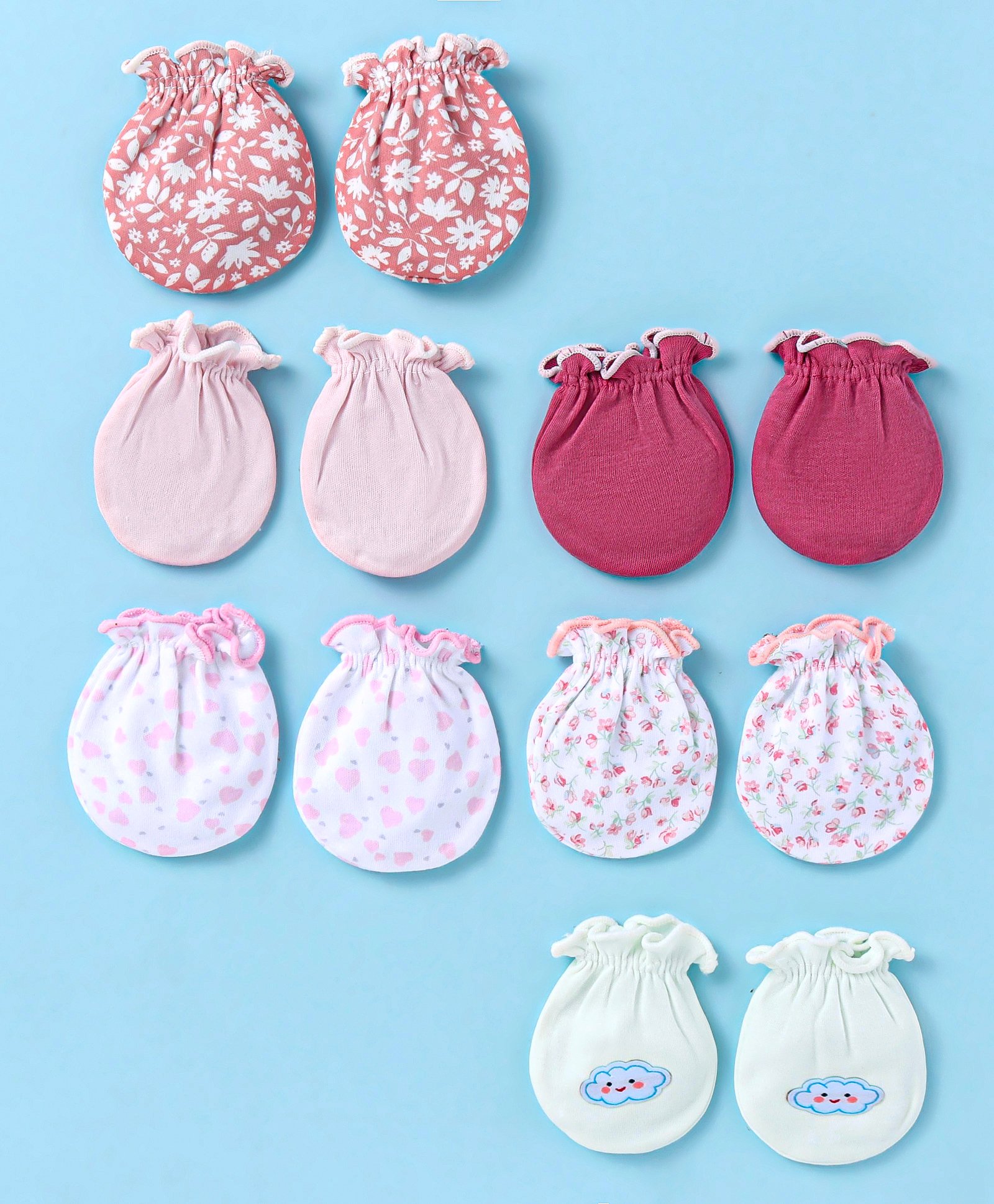 Ben Benny 100% Cotton Knit Mittens Solid Floral Print & Cloud Patch Pack of 6 - White & Red-picture-11