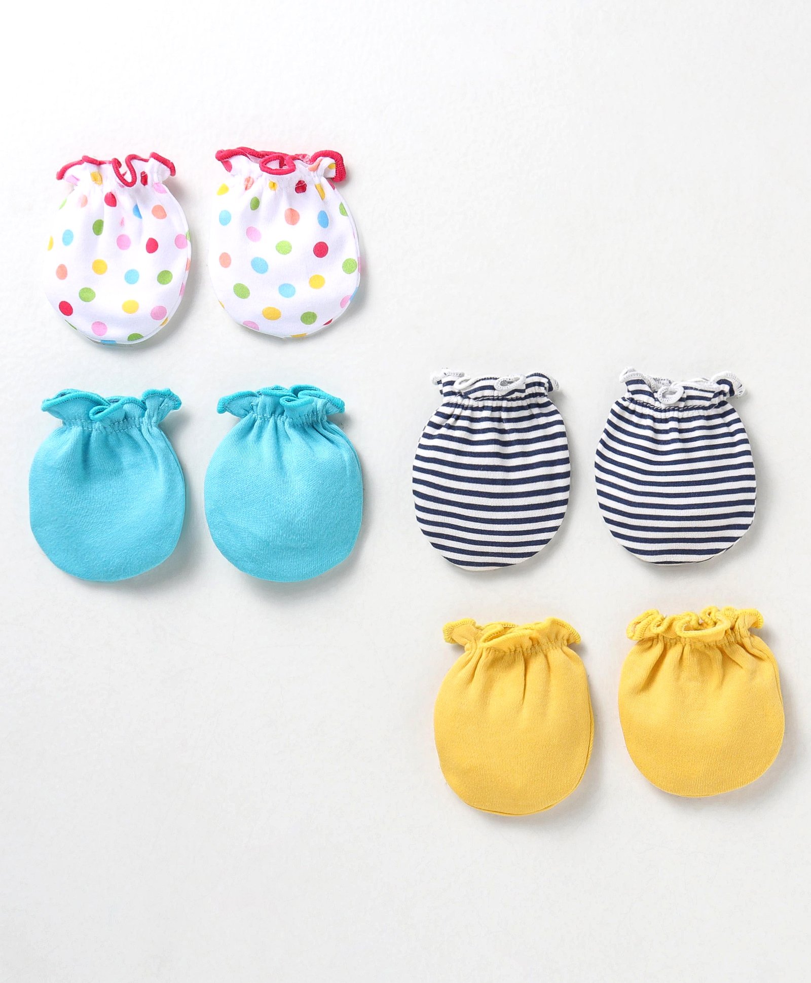 Ben Benny 100% Cotton Knit Mittens Solid Polka Dots & Strips Print Pack of 4 - Blue & White-picture-25