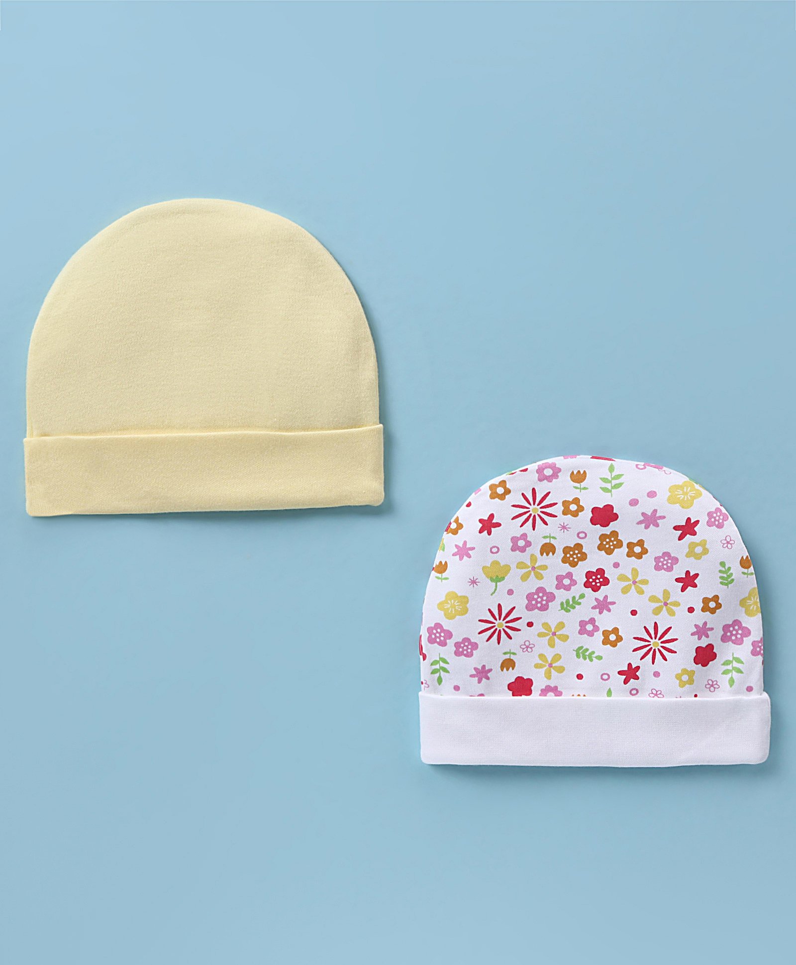 Ben Benny 100% Cotton Knit Round Solid & Floral Print Cap Pack of 2 Light Orange & White - Diameter 10 cm-picture-13