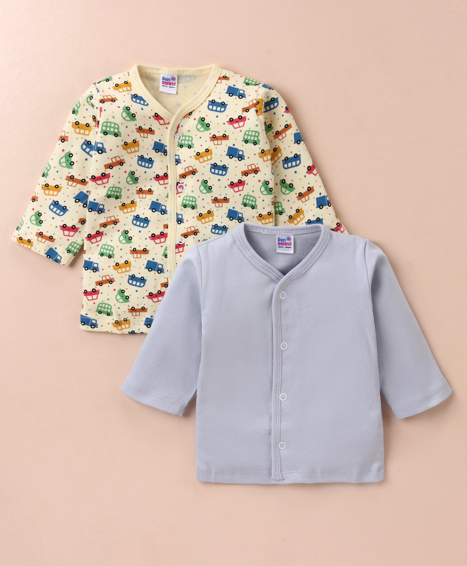 Ben Benny 100% Cotton Knit Full Sleeves Solid & Car Printed Front Open  Vests Pack of 2 - Light Grey & Yellow-image-32