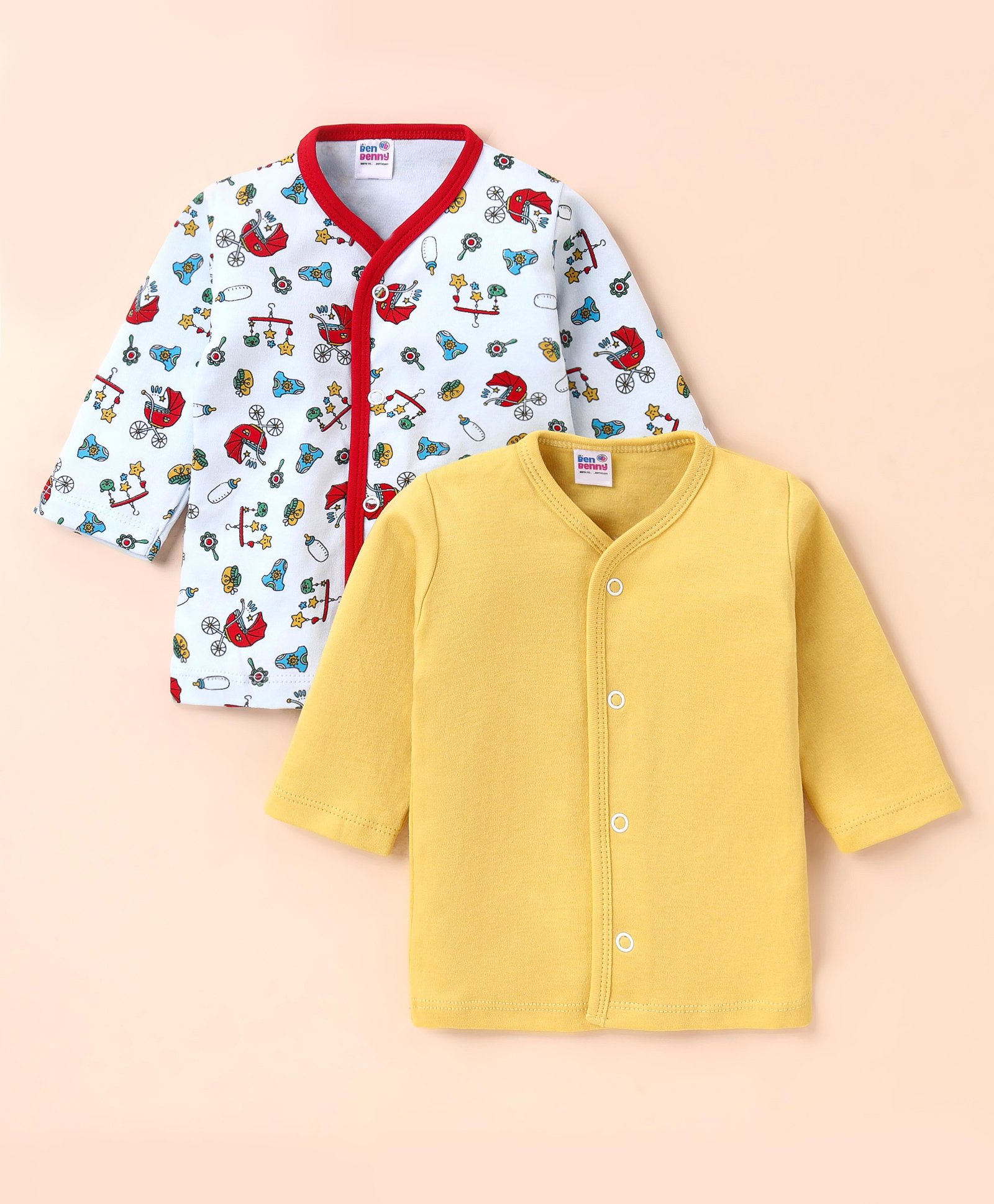 Ben Benny 100% Cotton Knit Full Sleeves Solid & Toy Printed Jhablas Pack of 2 - Yellow & White-image-3