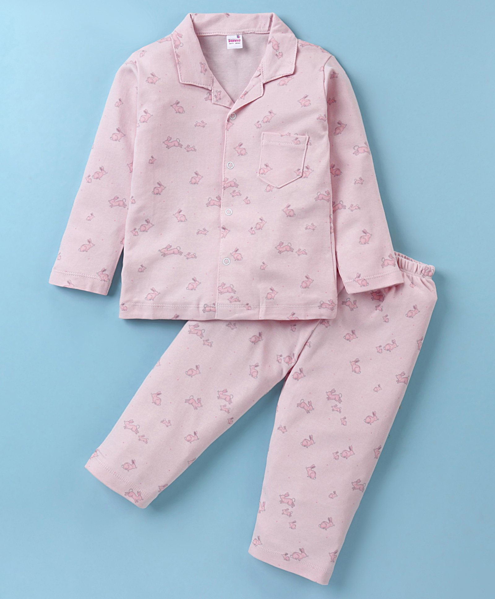 Ben Benny 100% Cotton Knit Full Sleeves Front Open Night Suit With Bunnies Print - Light Pink-image-36