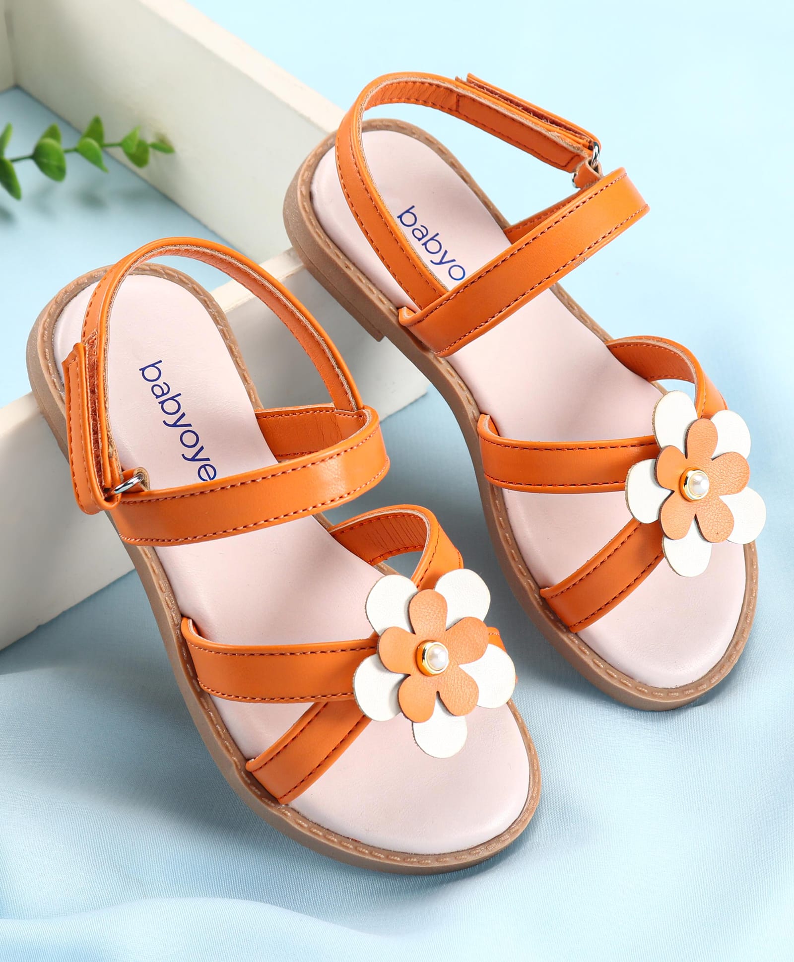 Babyoye Sandals with Velcro Closure & Floral Applique - Orange-image-9