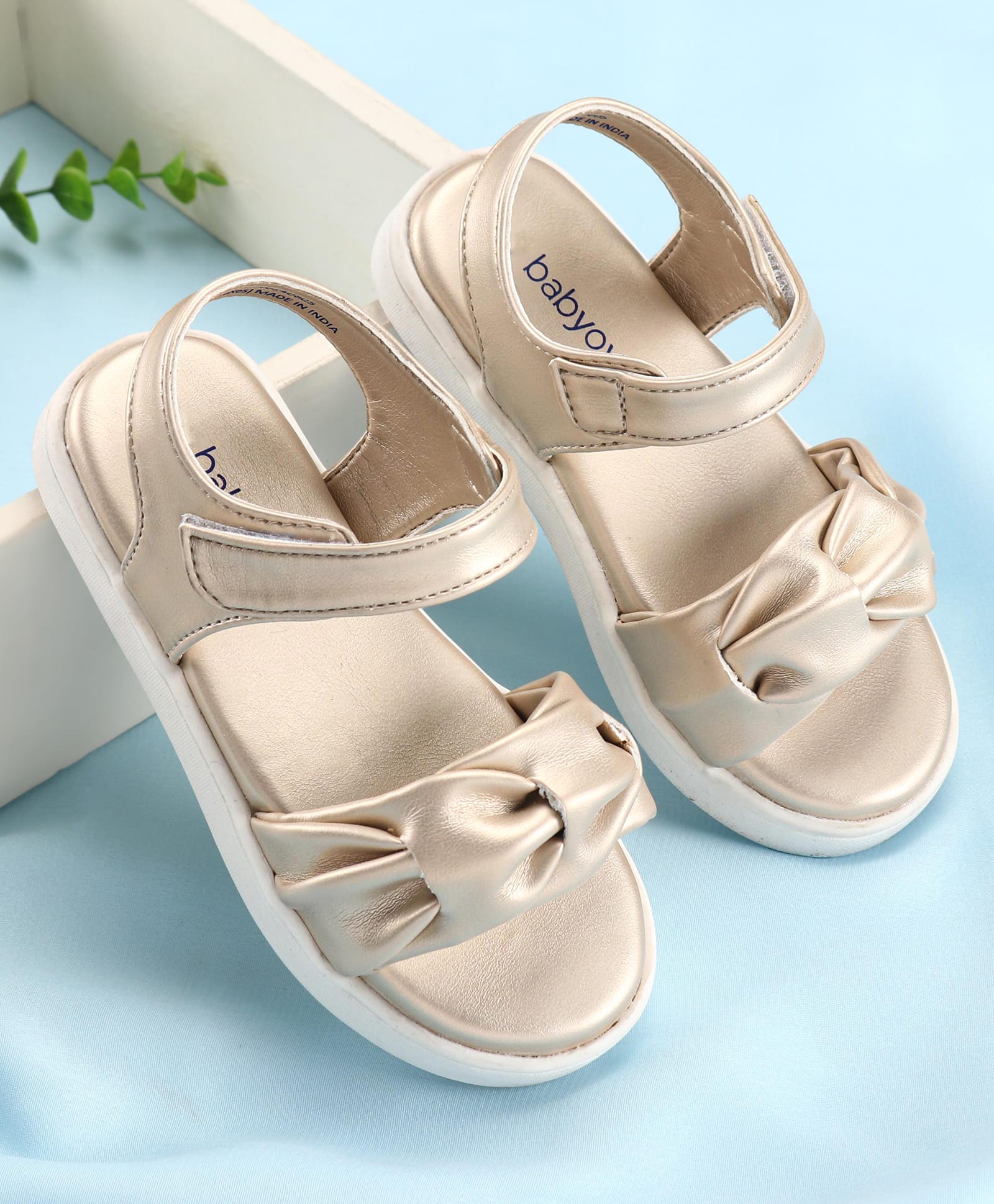 Babyoye Sandals with Velcro Closure & Bow Applique - Golden-picture-31