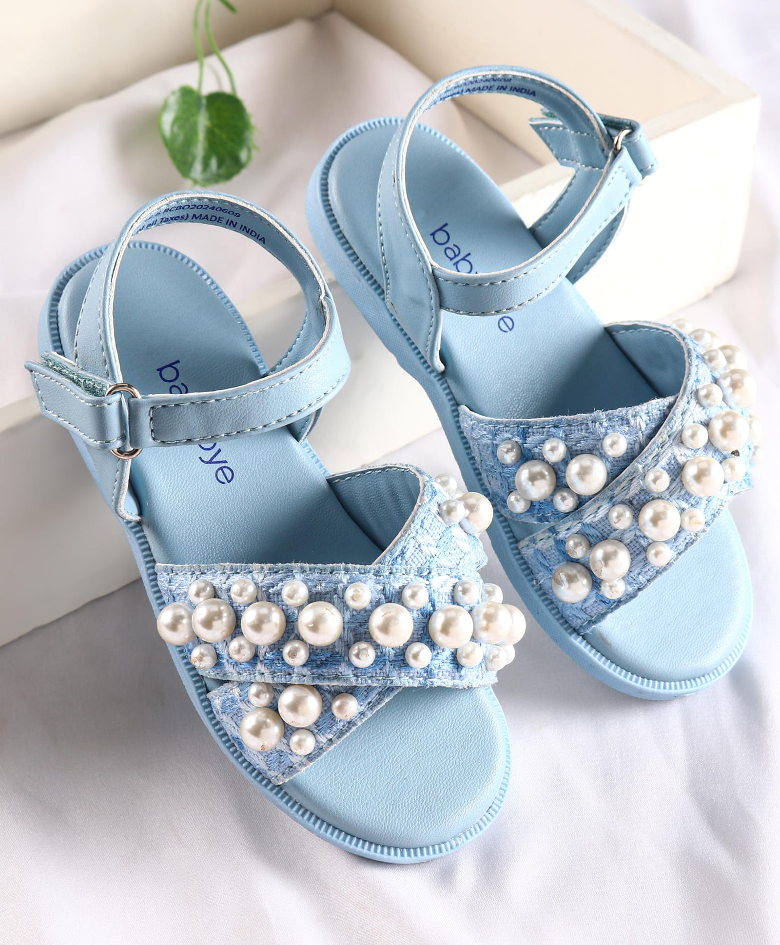 Babyoye Sandals with Velcro Closure & Pearl Detailing - Light Blue