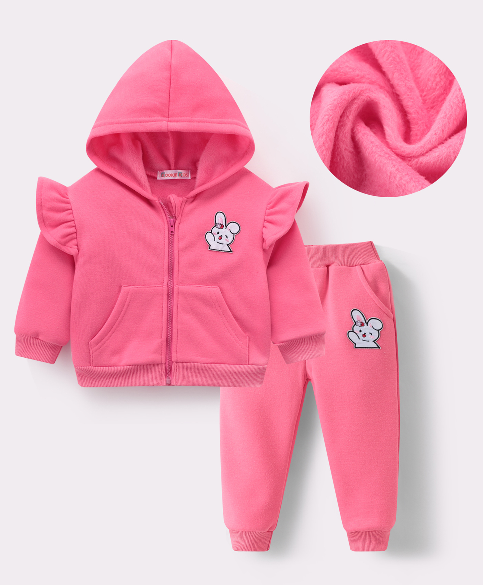 Kookie Kids Full Sleeves Hooded Front Zipper Winter Wear Suit With Kangaroo Pocket & Bunny Badge - Fuchsia-image-42