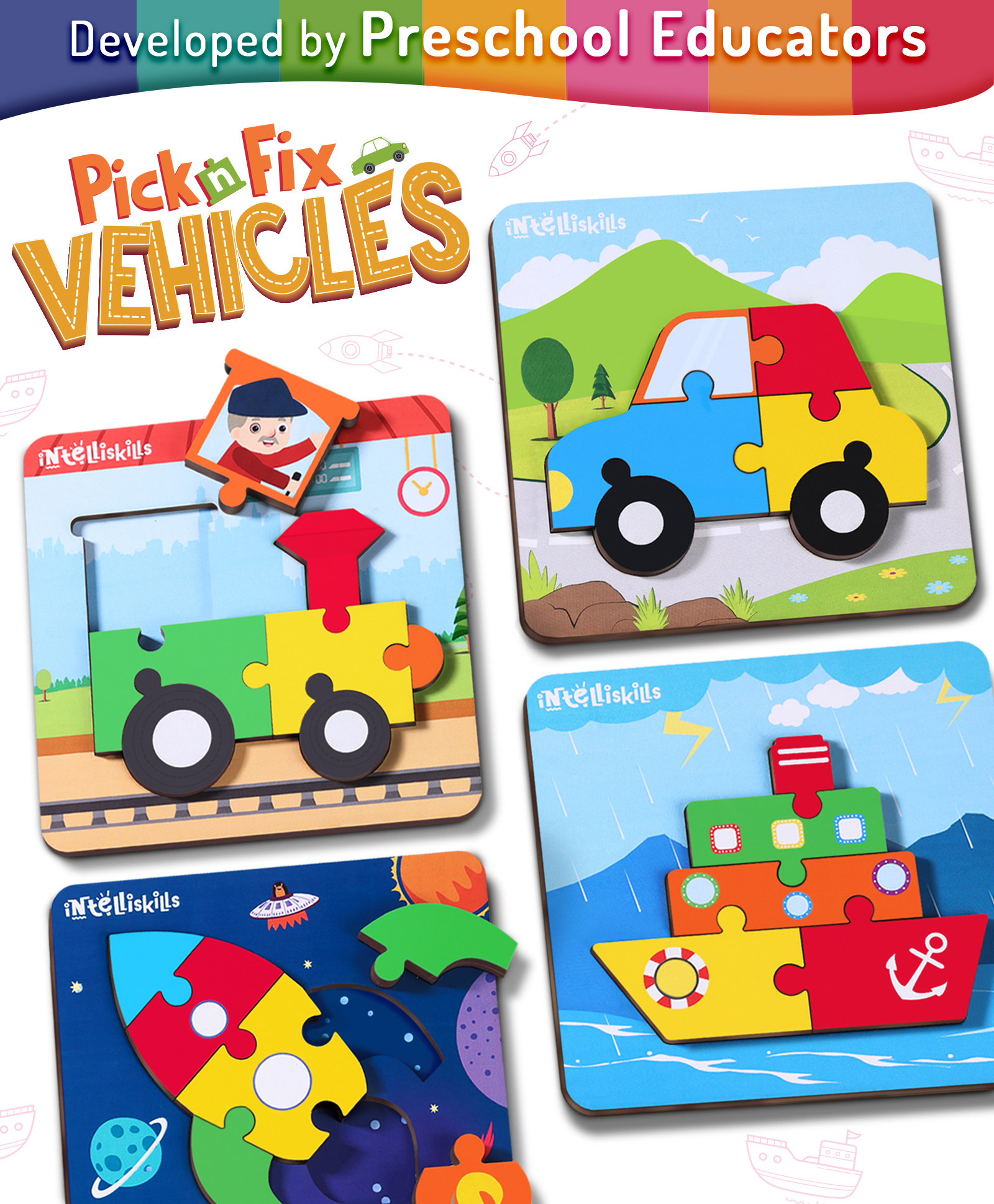 Intelliskills Premium 3D Pick N Fix - Vehicles Wooden Jigsaw Puzzle for Kids | Set of 4 | Transport Theme | Safe Rounded Edges & Chunky Pieces | For Gifting | BIS Certified | Educator Recommended