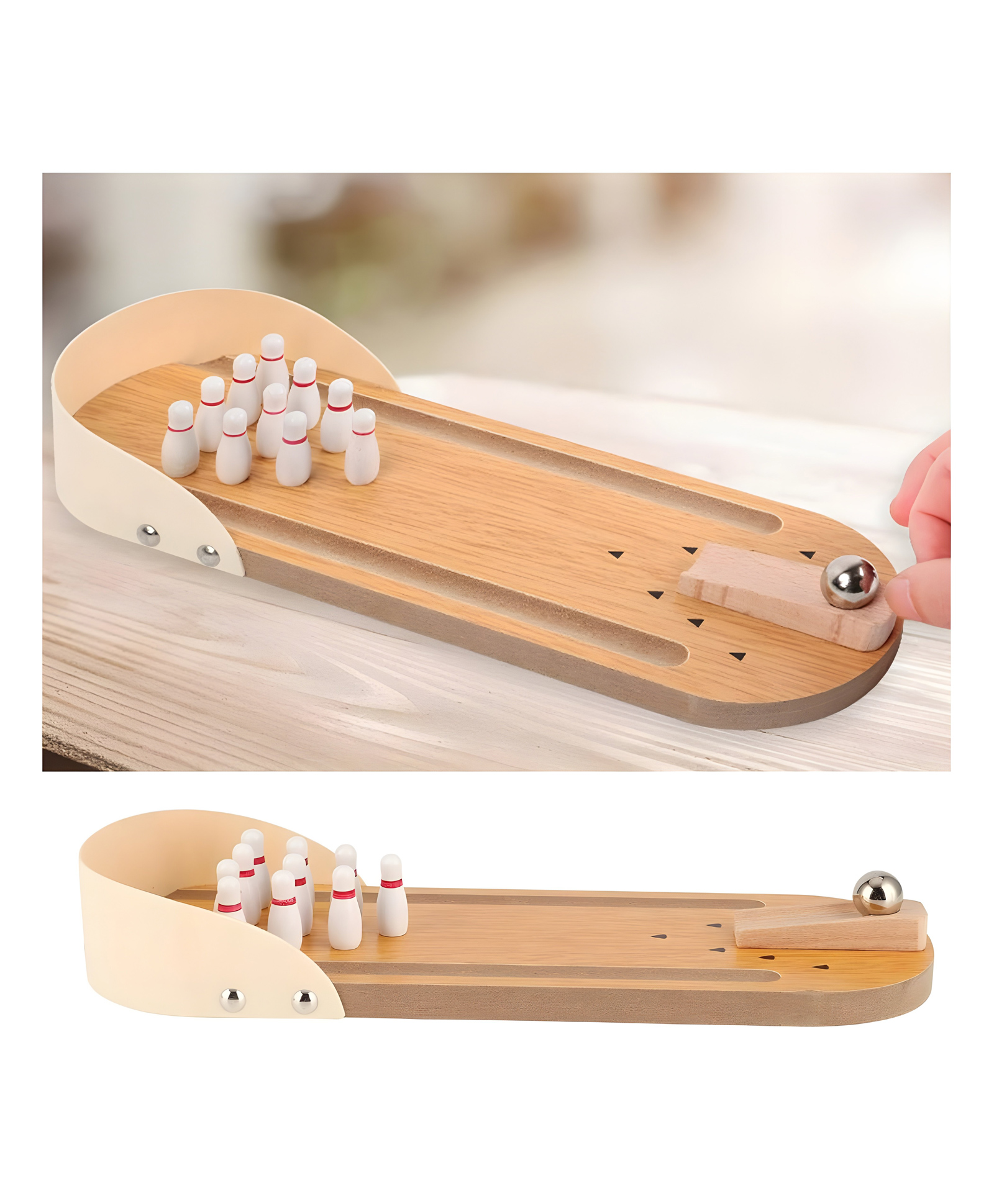 YAMAMA Wooden Bowlingspil Game Toy Wooden Mini-Entertainment Desktop Bowling Game With 10 Wooden Bowling Pins 1 Metal Bowling Ball 1 Wooden Bowling Ramp With Peg 1 Wooden Alley Bowling Game For Kids And Adults - Multicolor-picture-18