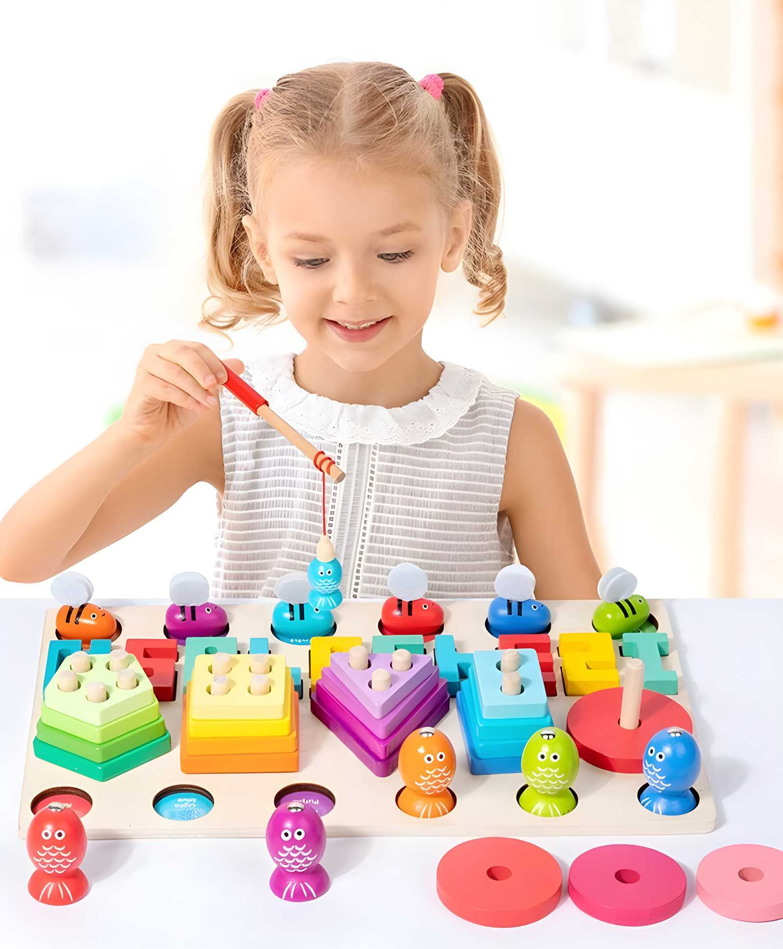 YAMAMA Four Bees In One Wooden Shape Sorting Toys For Kids Wooden Shape Blocks Magnetic Bee Fishing Montessori Educational Wooden Sorting Stacking Toys For Kids - Multicolor