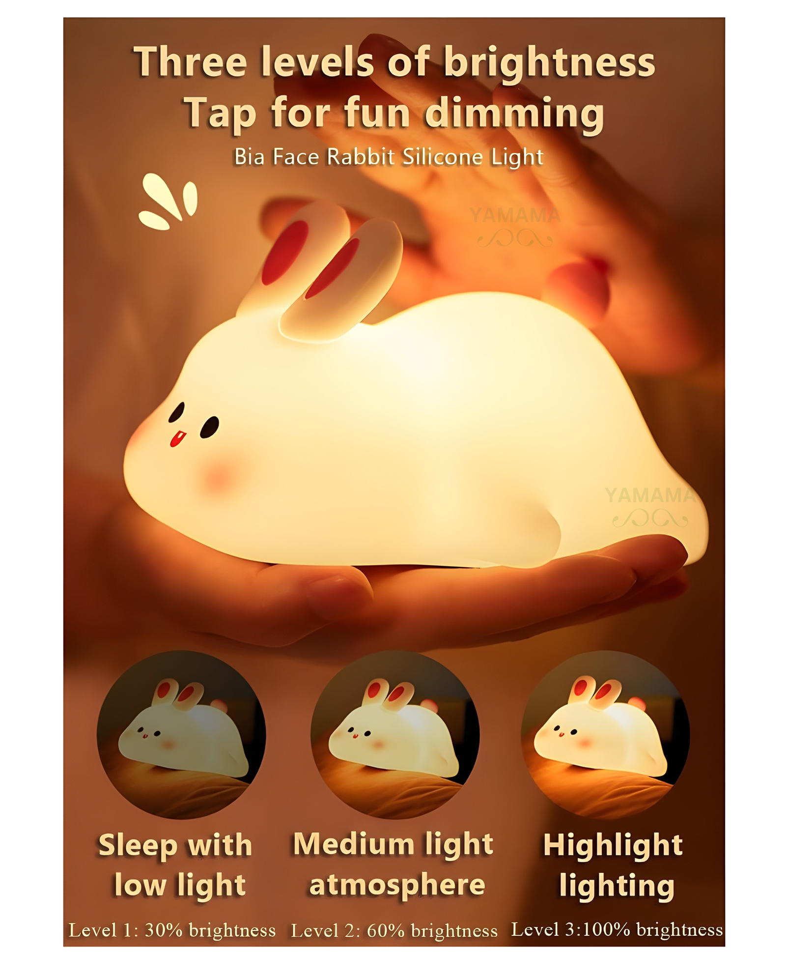 YAMAMA Big Face Rabbit Silicone Night Light Squishy LED Animal Night Light Silicone Dimmable Timed Bedside Lamp Kawaii Light Up USB Rechargeable Rabbit Touch Light Night Lamp  Multicolor-image-47
