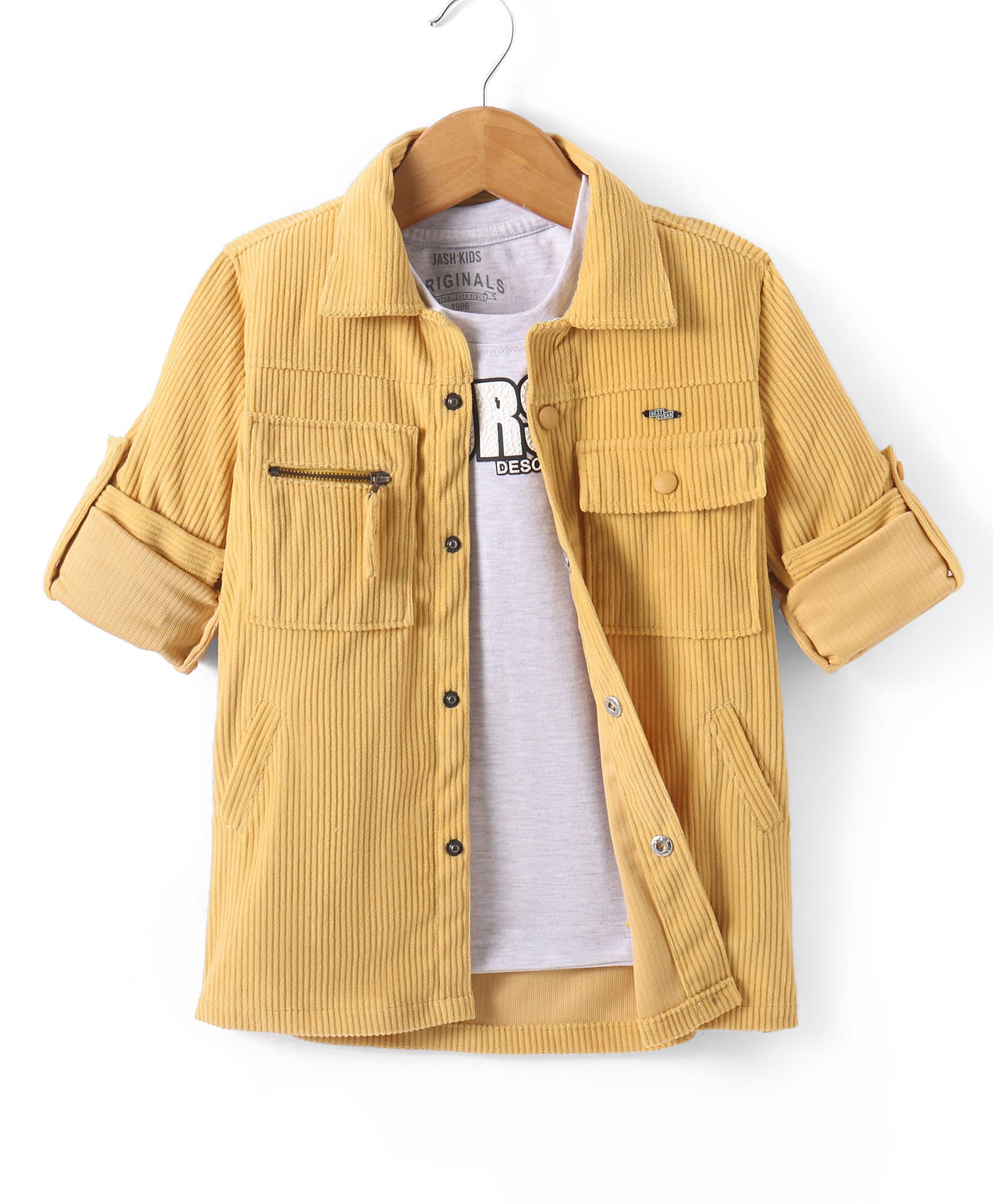 JASH KIDS Cotton Woven Full Sleeves Solid Color Cordroy Shirt With Text Printed T-Shirt - Mustard-picture-29