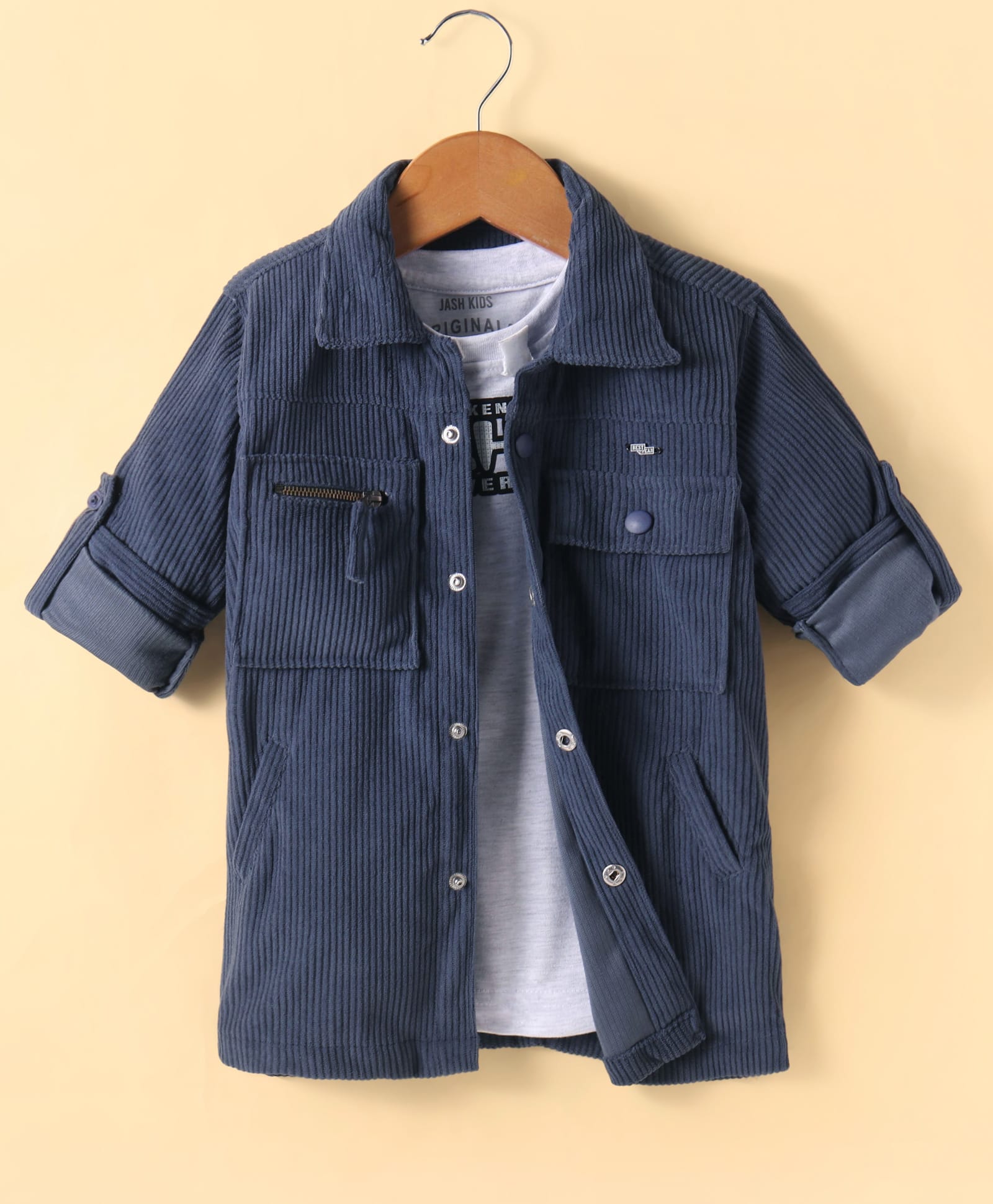 JASH KIDS Cotton Woven Full Sleeves Solid Color Cordroy Shirt With Text Printed T-Shirt - Navy Blue-image-27