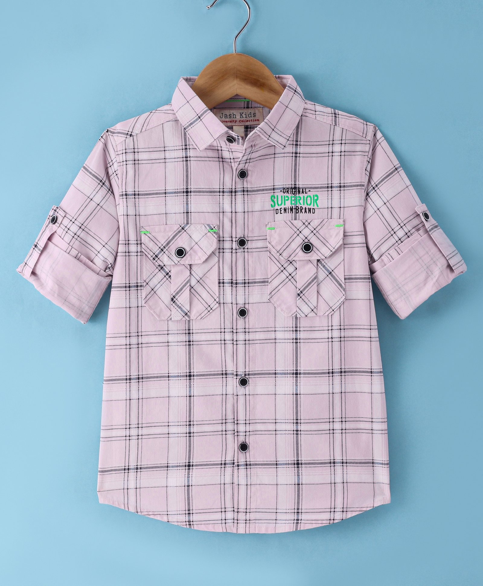 JASH KIDS Cotton Woven Checkered Full Sleeves Shirt with Pockets  - Pink-image-45