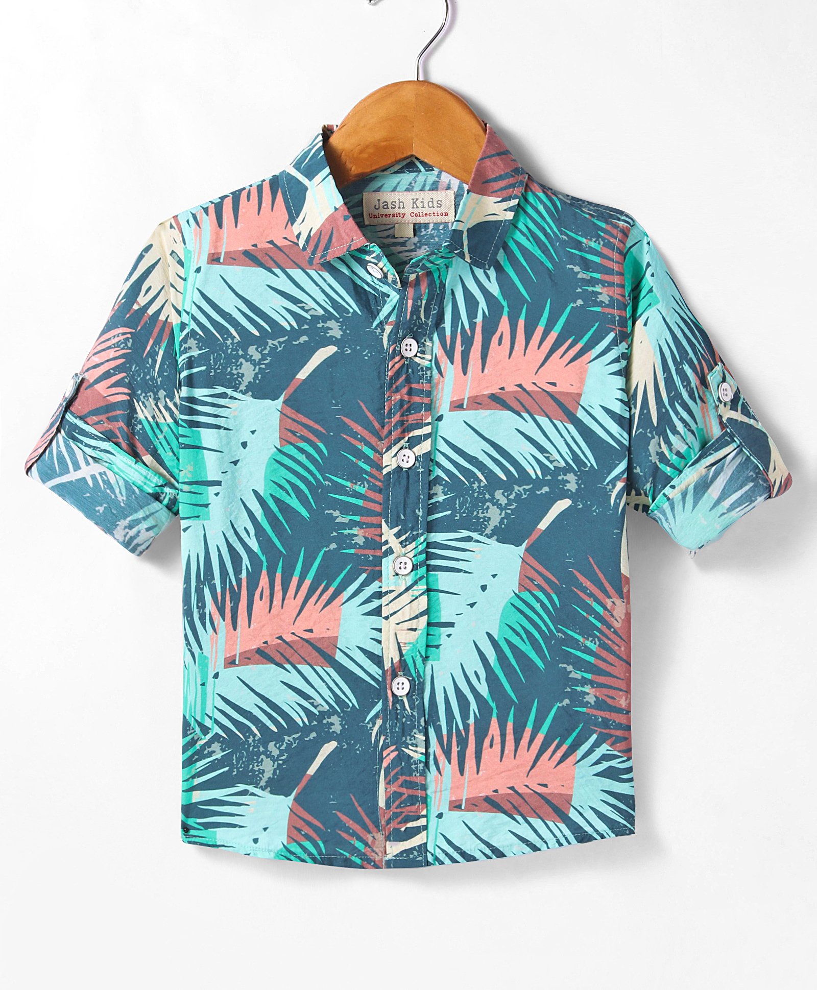 JASH KIDS Viscose Woven Full Sleeves Leaves Printed Shirt - Blue & Green-image-39