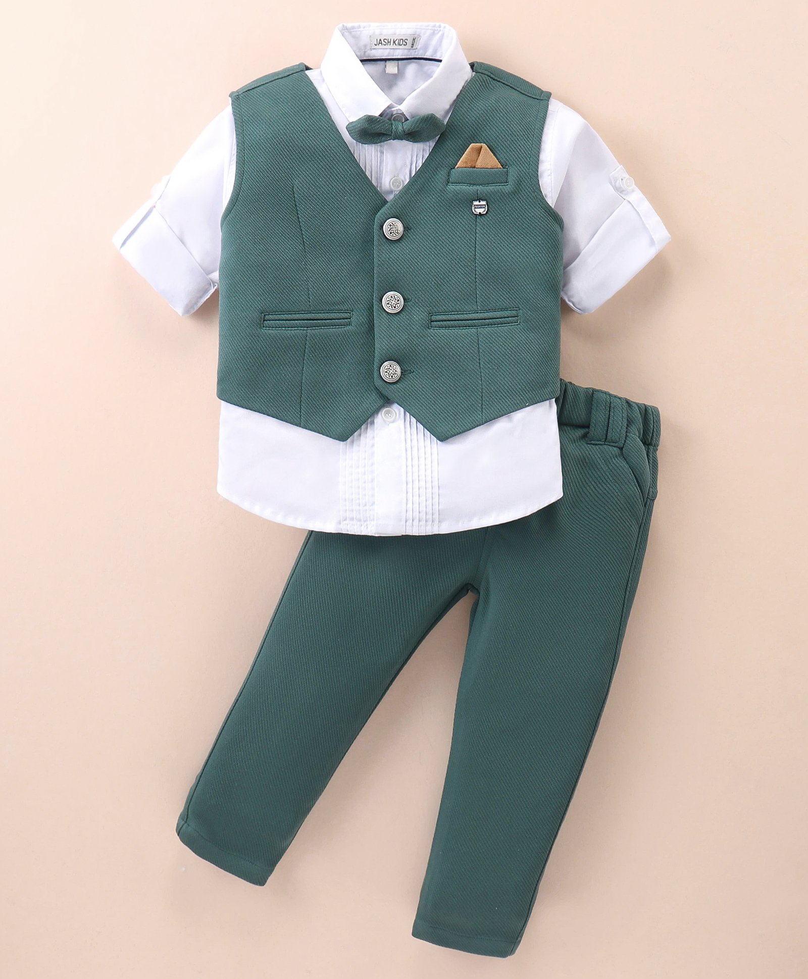 Jash Kids Cotton Woven Ribbed Full Sleeves 3 Piece Party Suit - Green-picture-7