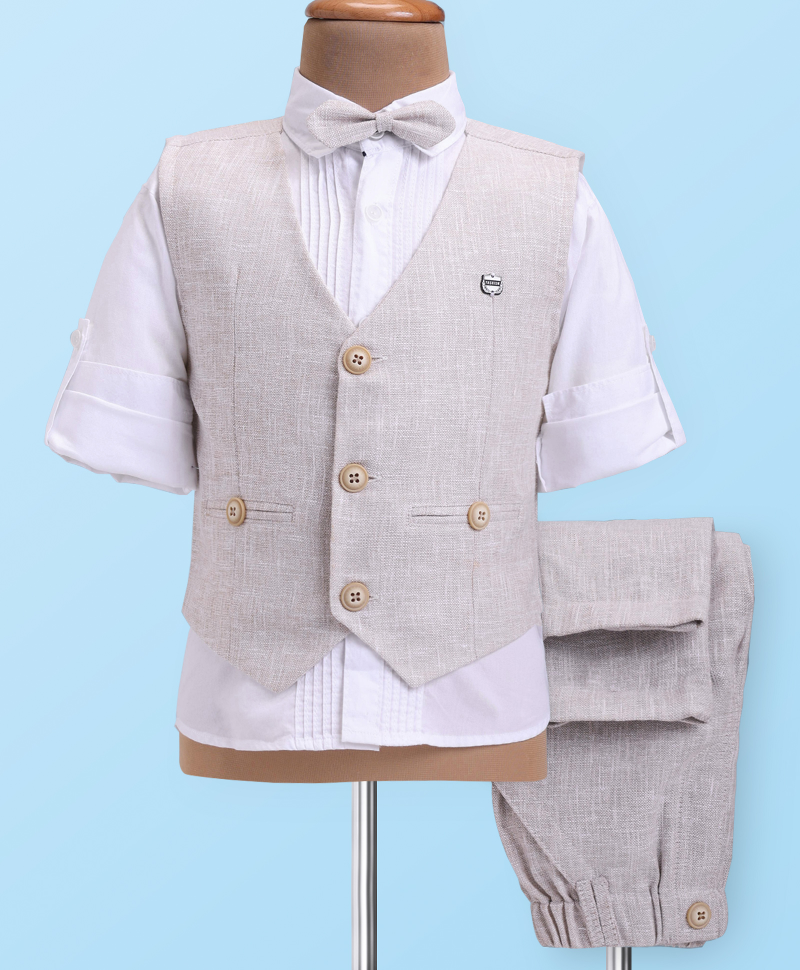 JASH KIDS Cotton Woven Full Sleeves 3 Piece Party Suit with Bow & Pintuck Detailing - Light Grey-picture-17
