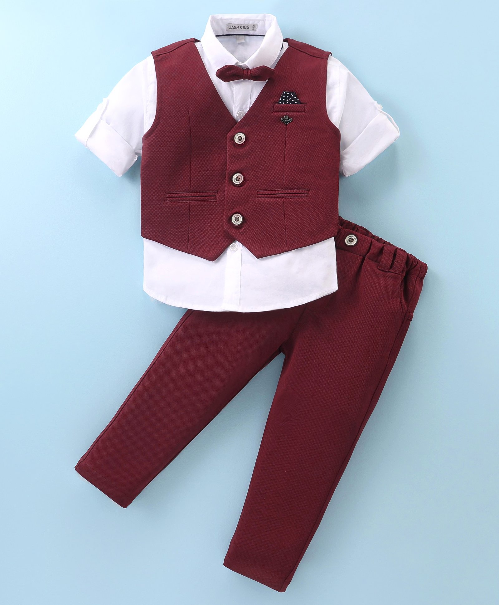 Jash Kids Cotton Woven Full Sleeves Shirt & Pant Set with Waistcoat - Maroon-image-15