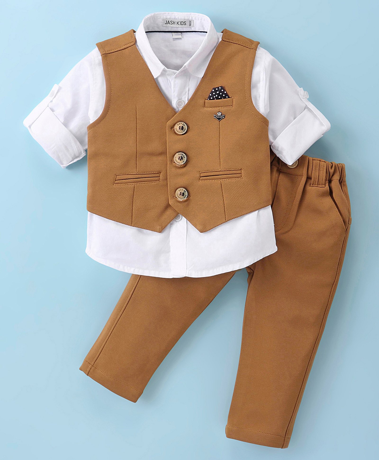 Jash Kids Cotton Woven Full Sleeves Shirt & Bottom Set with Waistcoat - Mustard-image-8