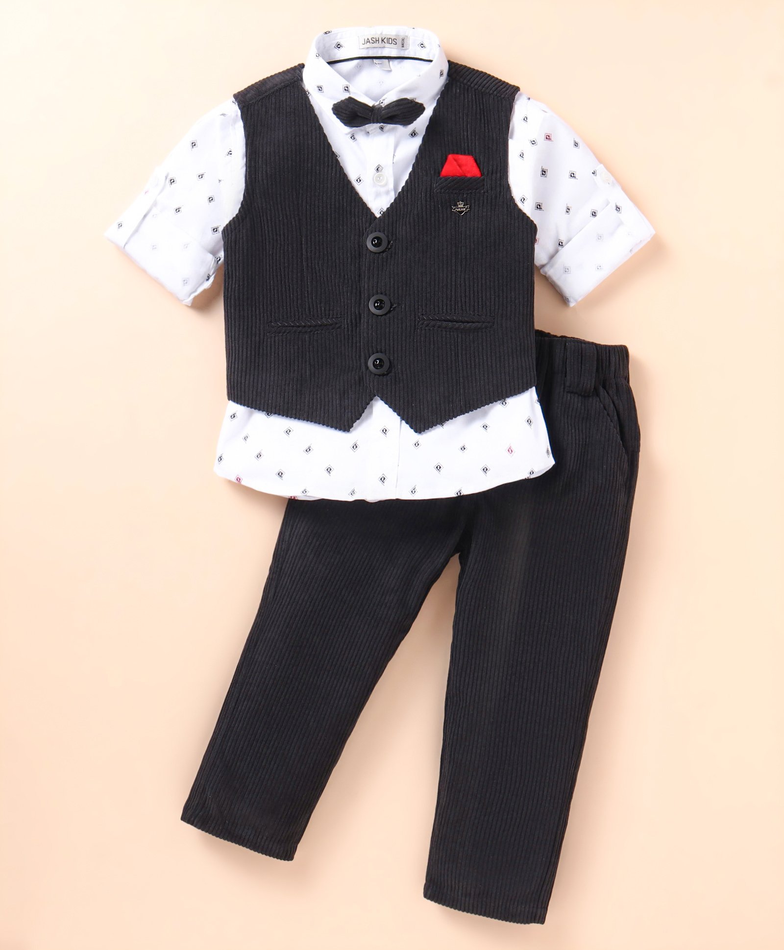 JASH KIDS Cotton Woven Full Sleeves Printed 3 Piece Party Suit with Bow - Black-picture-1