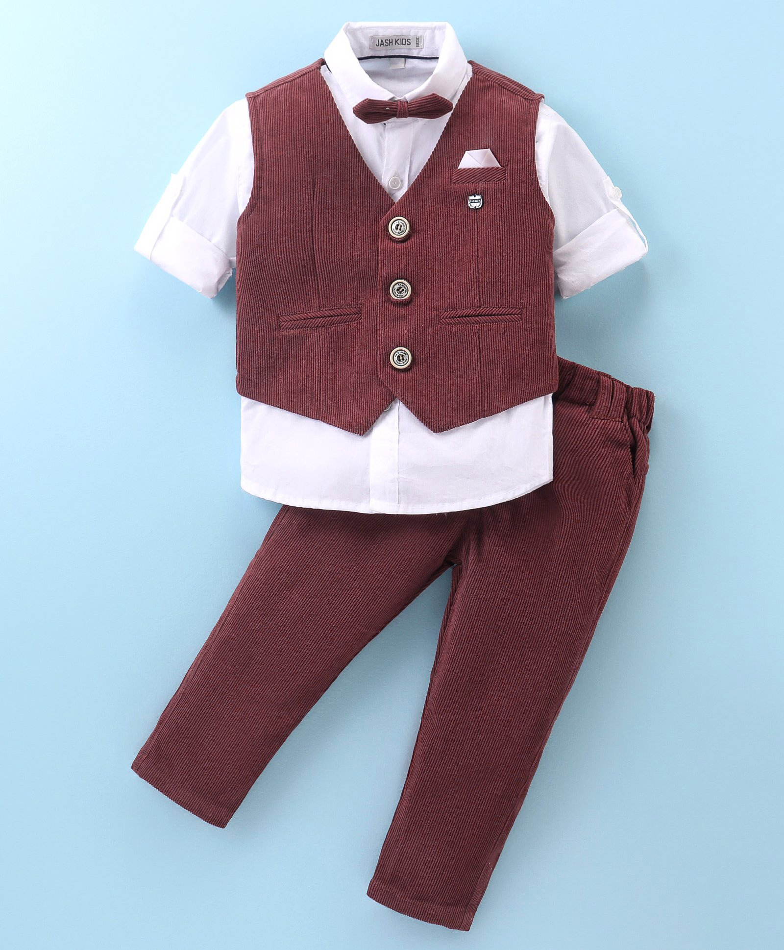 Jash Kids Cotton Woven Ribbed Full Sleeves 3 Piece Party Suit - Maroon-image-10
