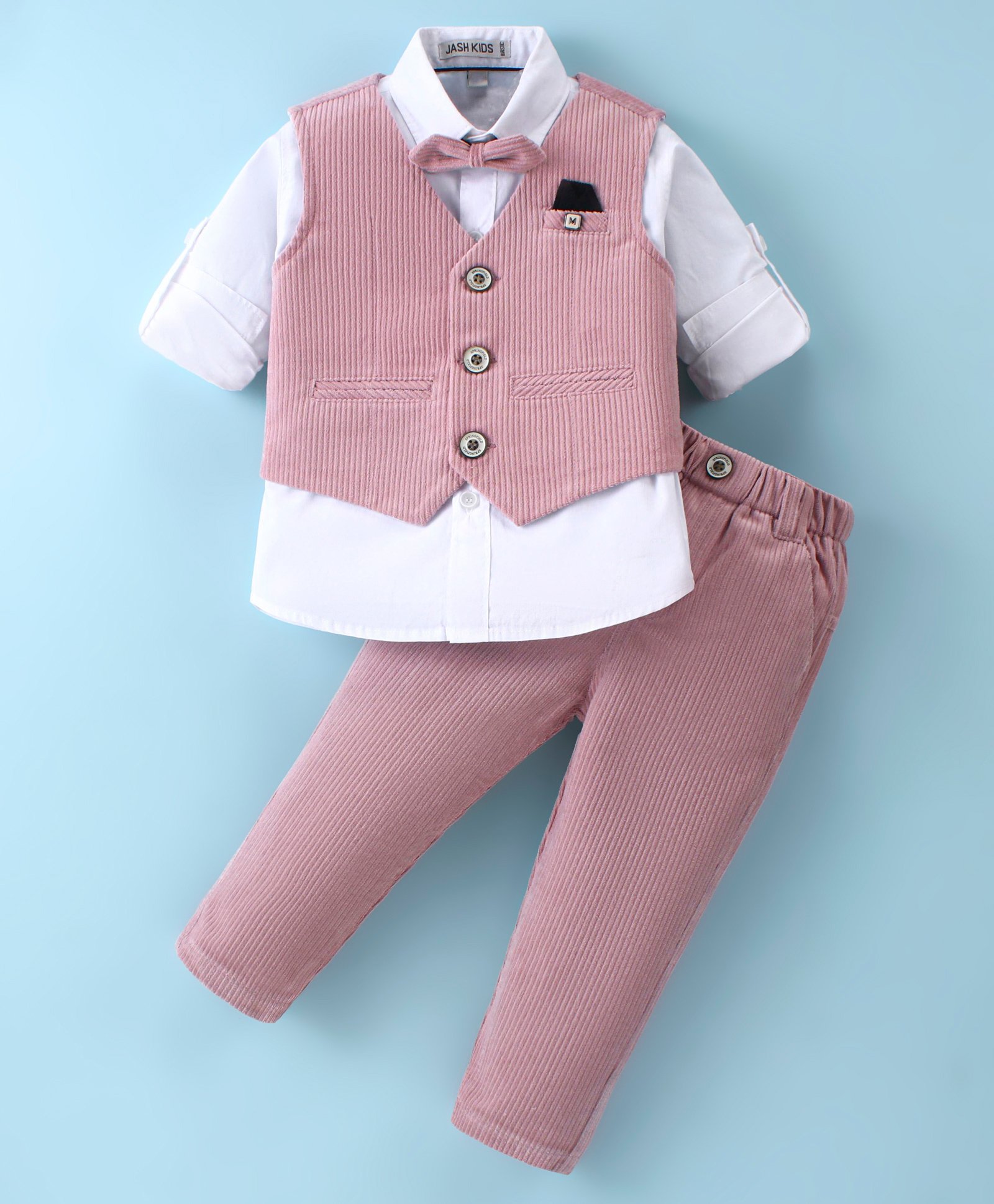 JASH KIDS Cotton Woven Full Sleeves Striped 3 Piece Party Suit with Bow -  Pink-image-28