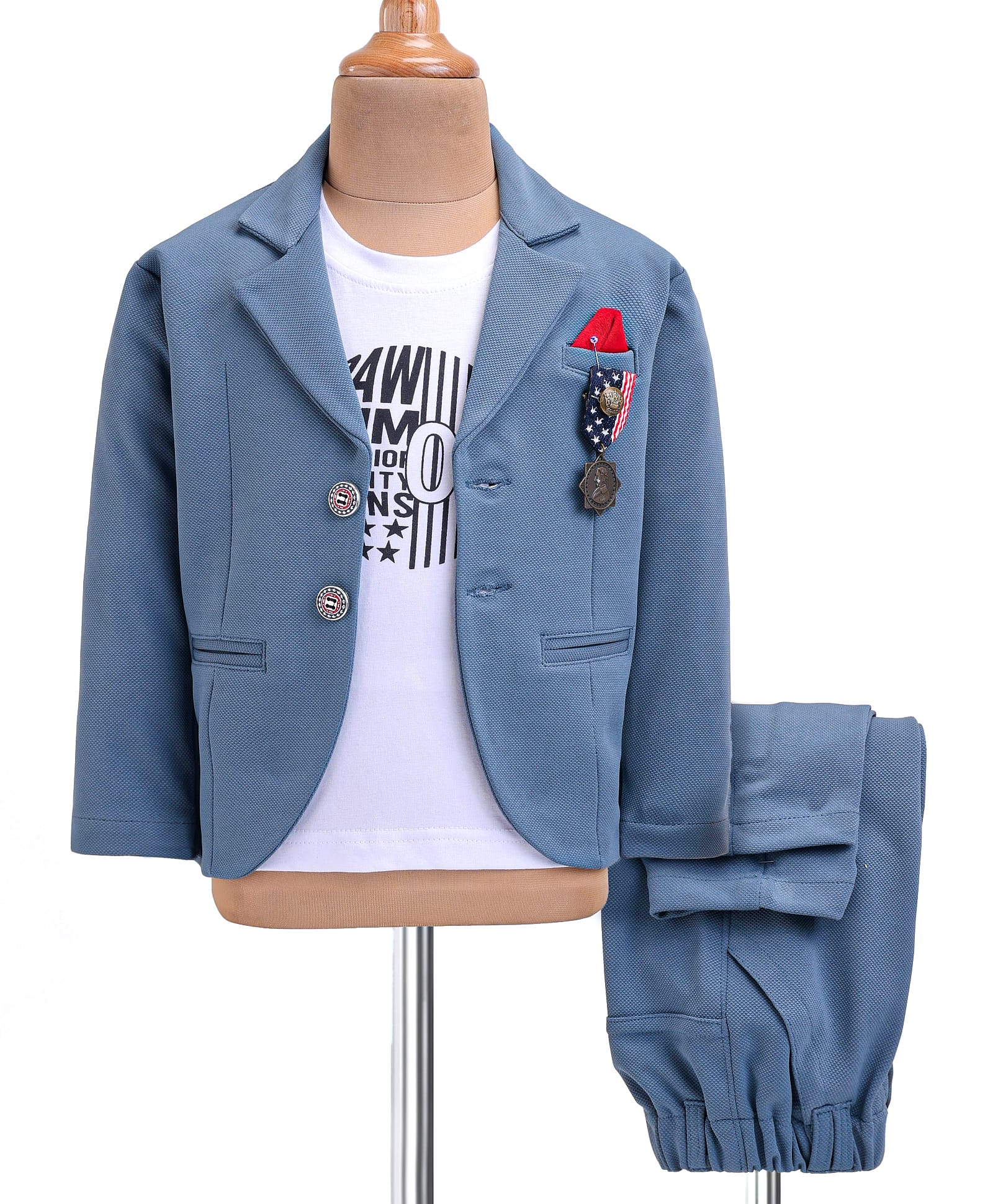 JASH KIDS Cotton Knit Full Sleeves Solid Colour Blazer with Printed T-ShirtTrouser Set & Broach Detailing - Light Blue-picture-12