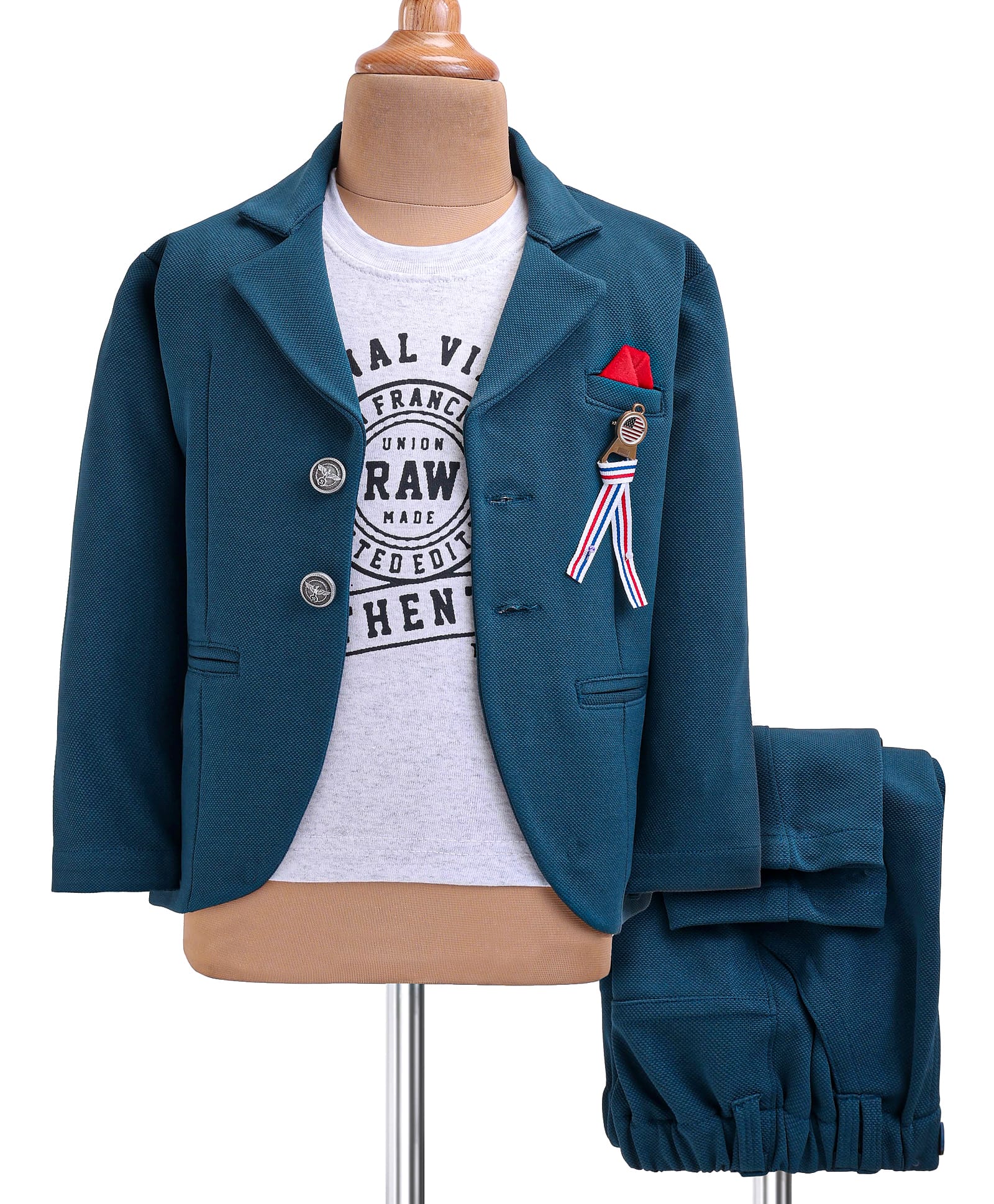 JASH KIDS Cotton Knit Full Sleeves Solid Colour Blazer with Printed T-ShirtTrouser Set & Broach Detailing - Teal Blue-picture-20