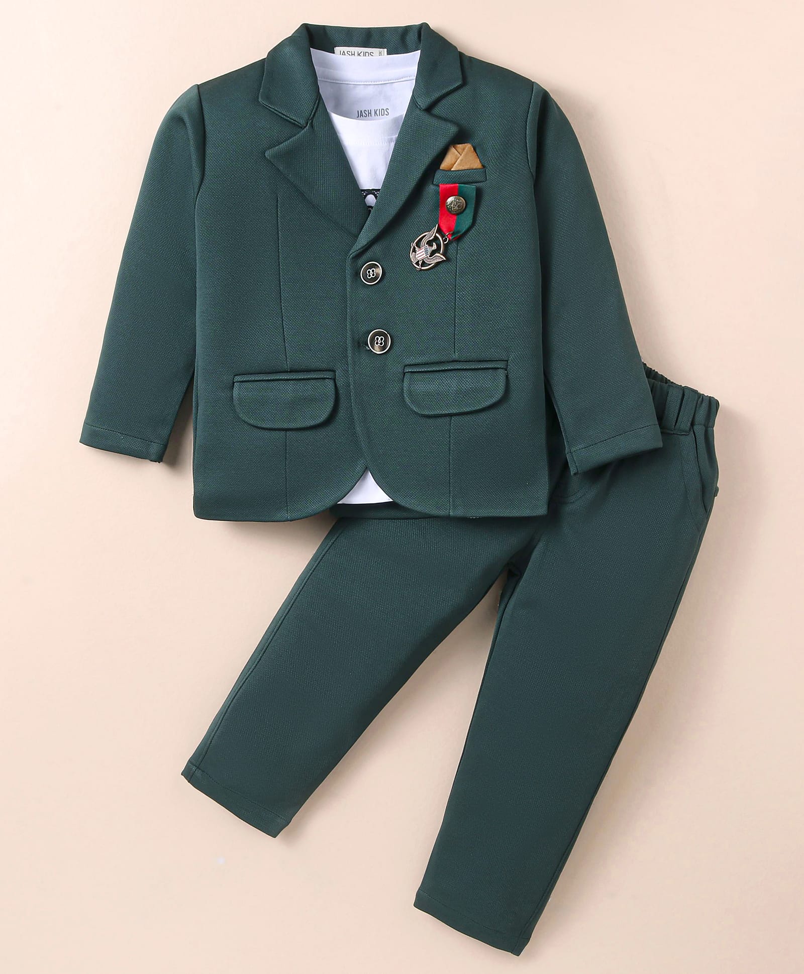 JASH KIDS Cotton Knit Full Sleeves Solid Colour Blazer with Printed T-ShirtTrouser Set & Broach Detailing - Dark Green-picture-13