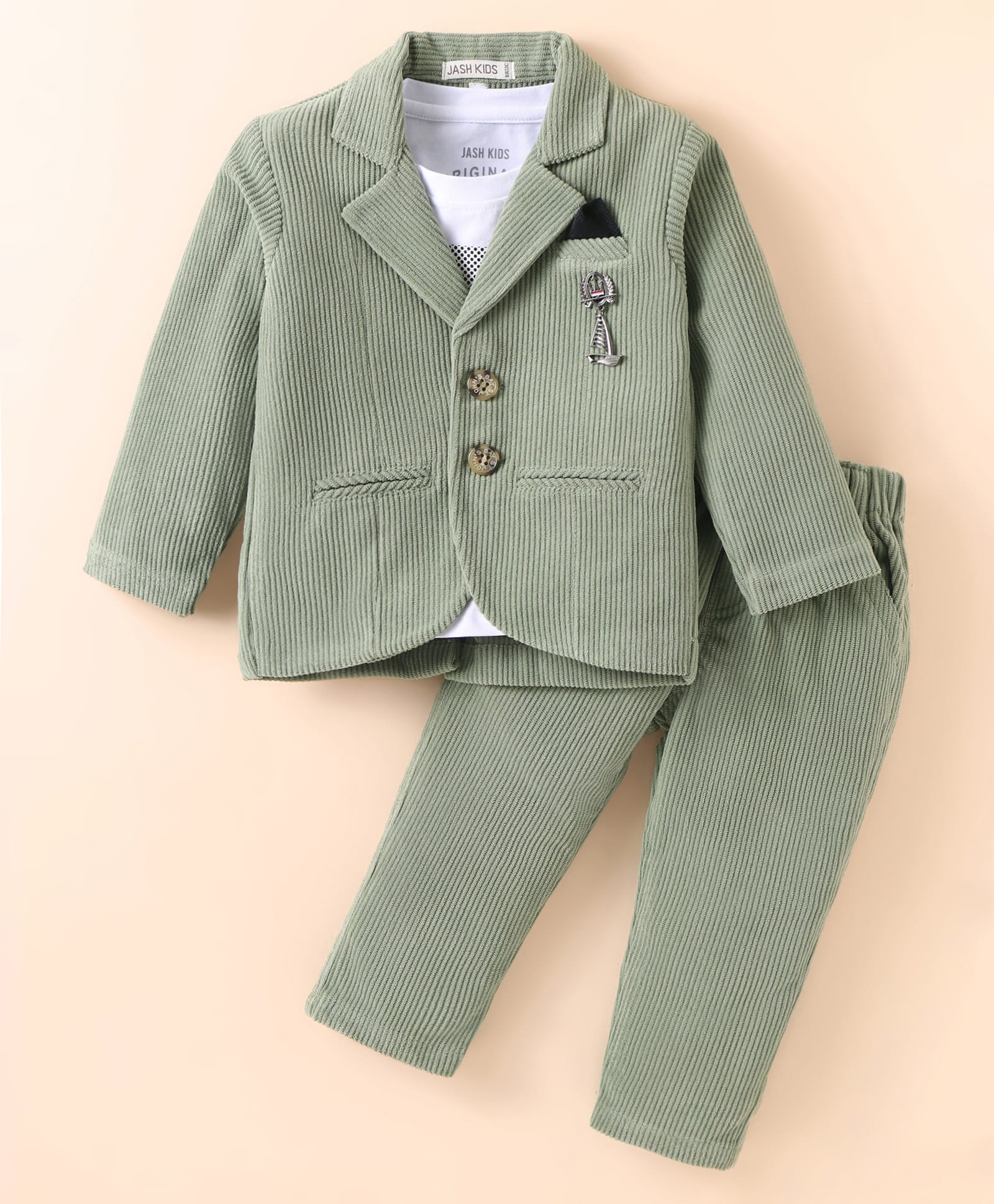 JASH KIDS Cotton Woven Full Sleeves Corduroy Blazer with Text Printed T-Shirt & Trouser Set - Olive Green-picture-18