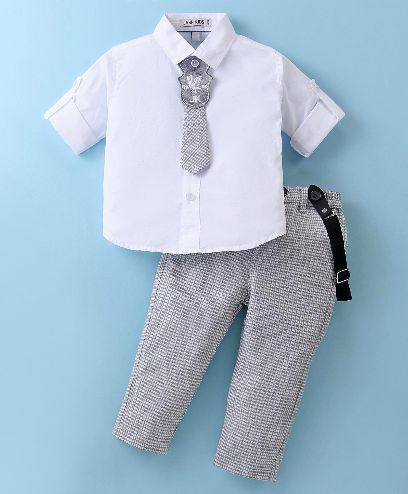 JASH KIDS Cotton Woven Full Sleeves Solid Colour Shirt Trouser Set with Tie & Suspender - Grey-picture-16