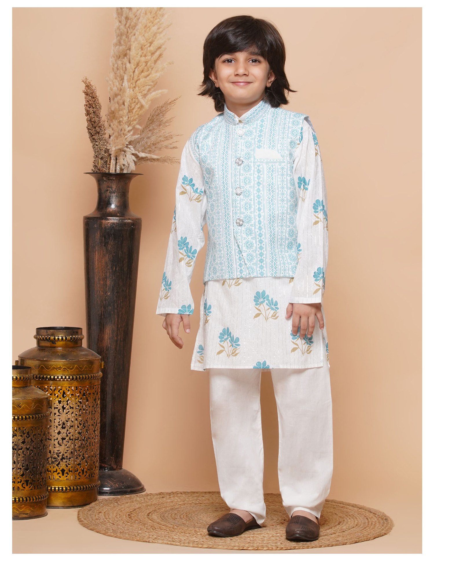 AJ Dezines Full Sleeves Floral Printed Cotton Kurta Pyjama Set -  Blue-picture-22